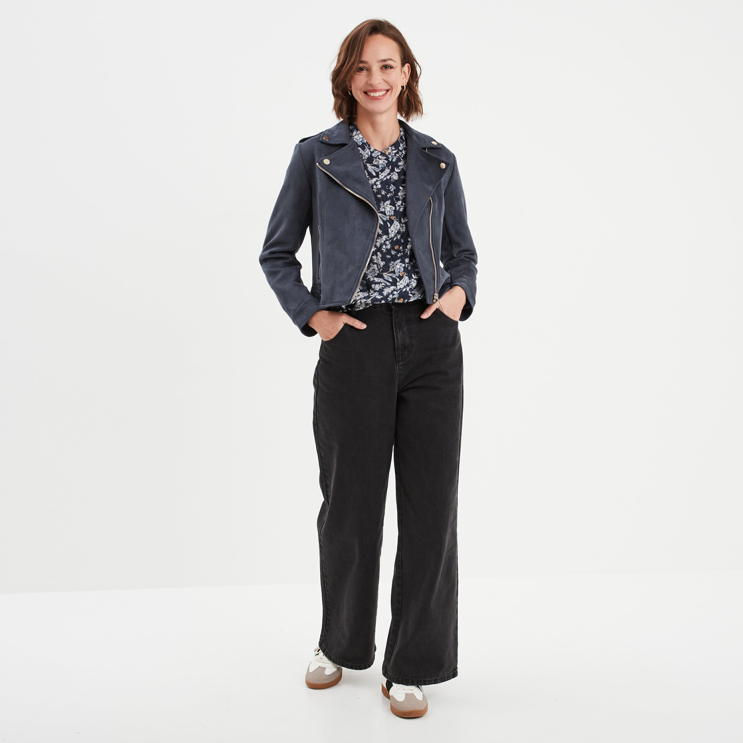 Chemise manches longues col mao bleu marine femme