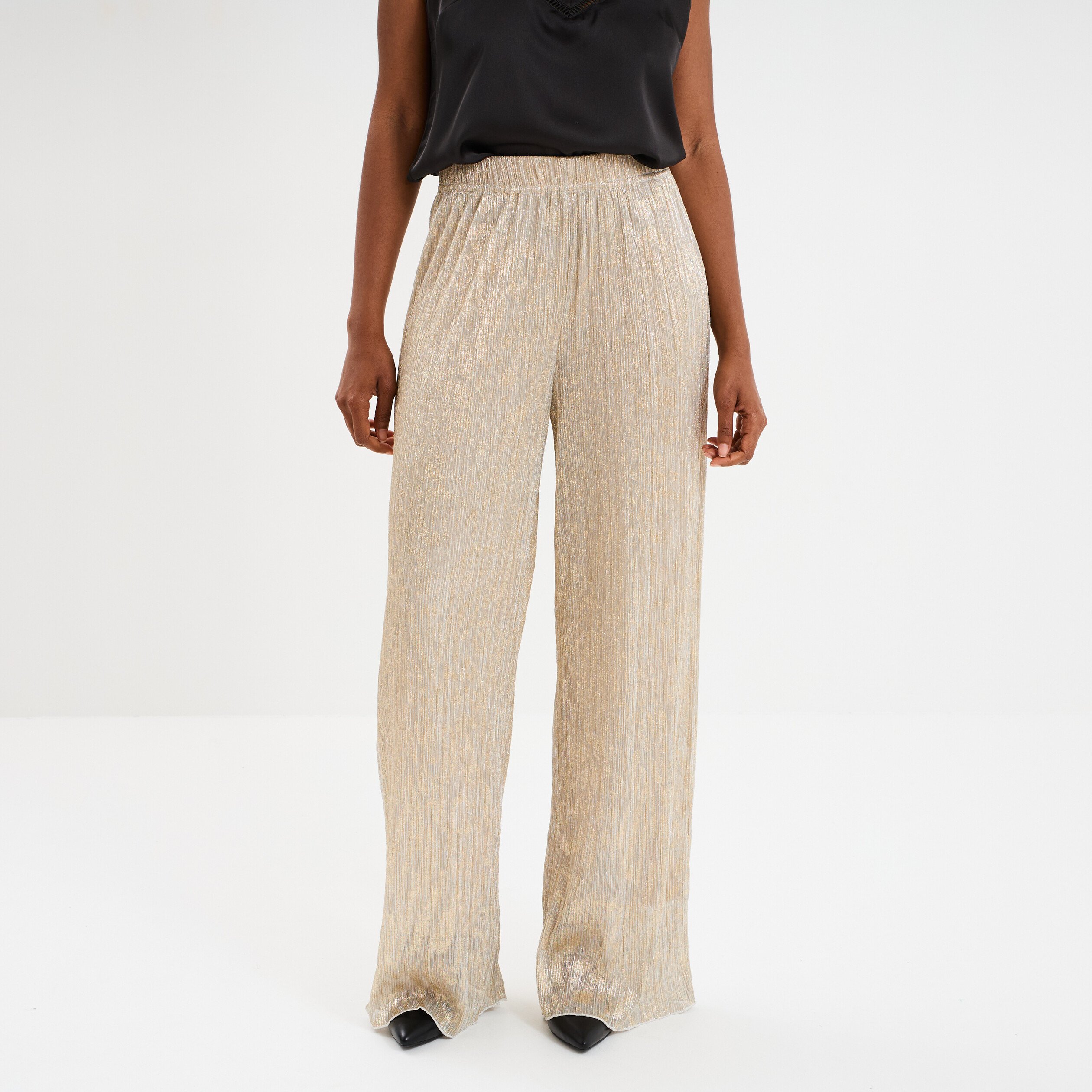 pantalon plisse taille elastiquee jaune or femme Pantalon plissé taille élastiquée jaune or femme