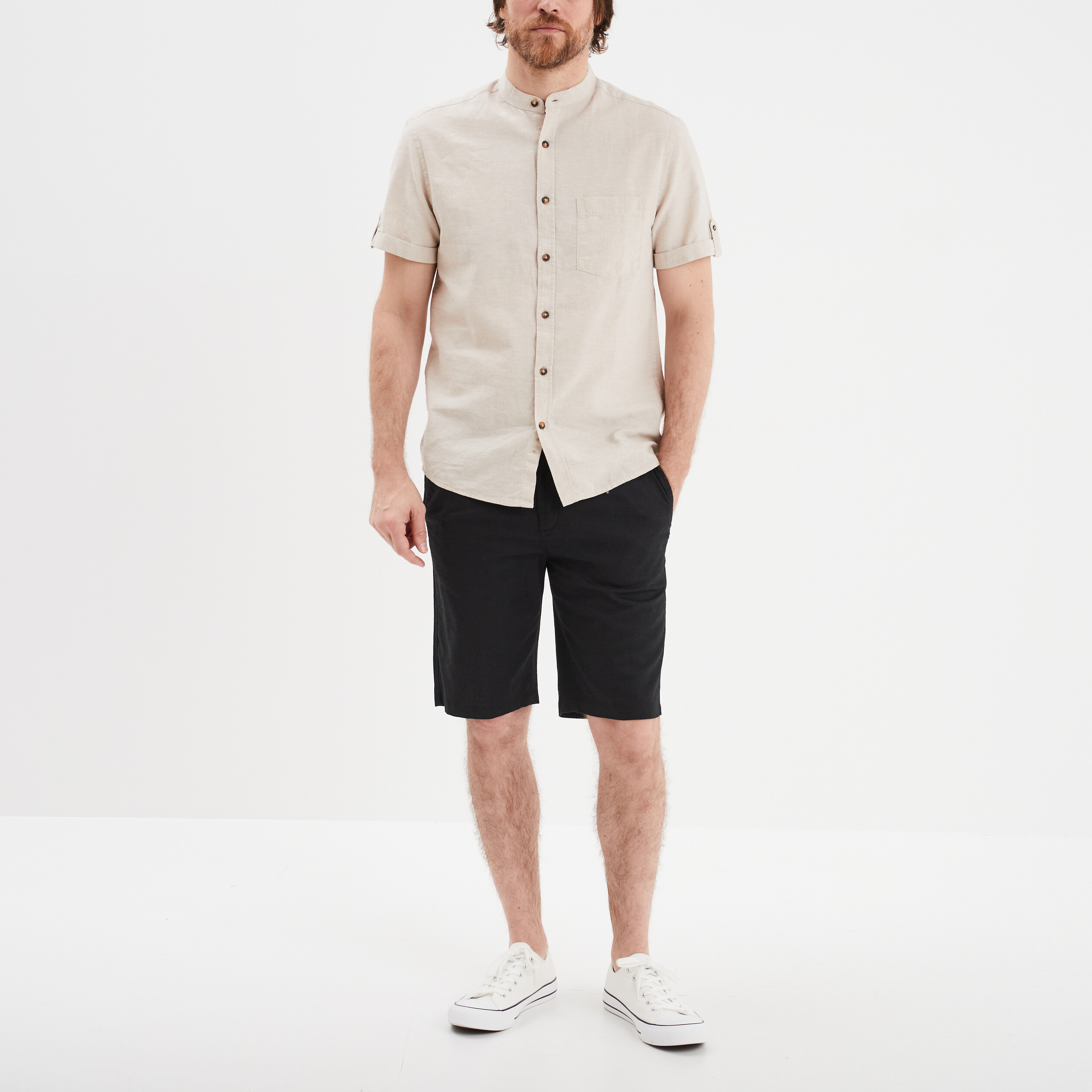 bermuda chino a coulisse lin melange noir homme Bermuda chino à coulisse lin mélangé noir homme
