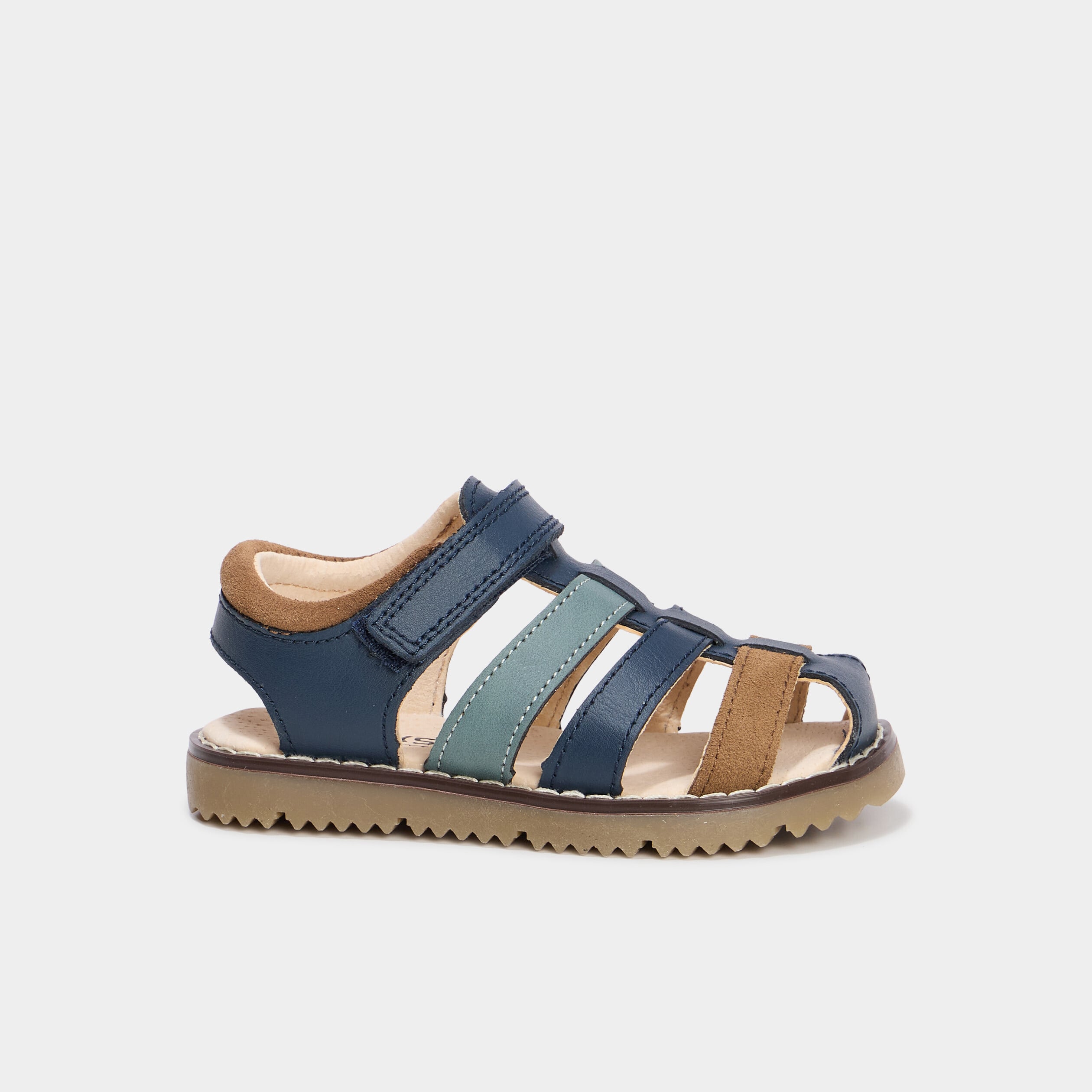 Sandales &agrave; scratchs en cuir bleu marine gar&ccedil;on
