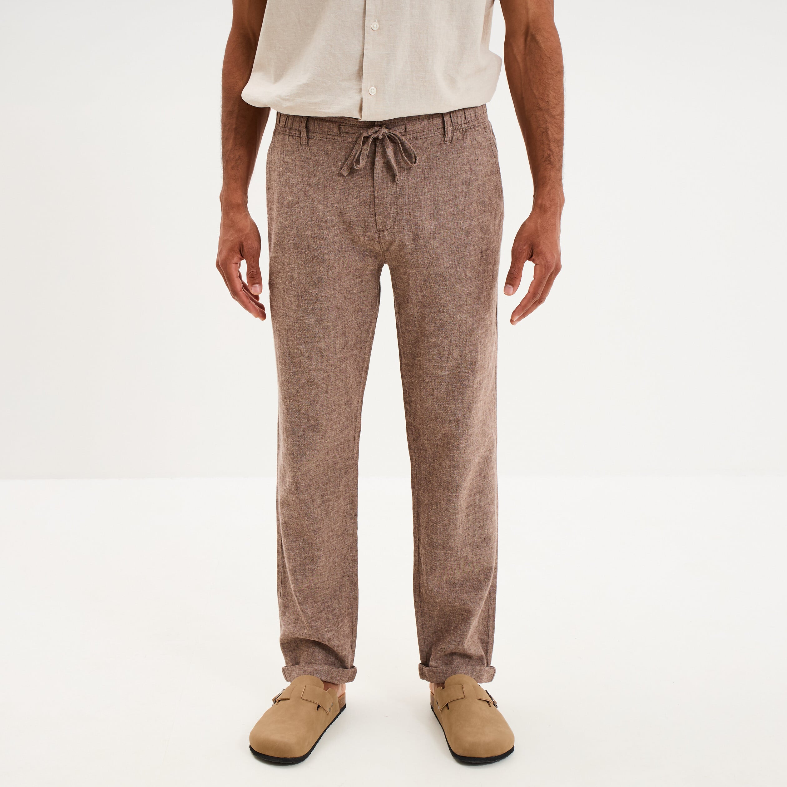 Pantalon chino droit lin m&eacute;lang&eacute; marron homme