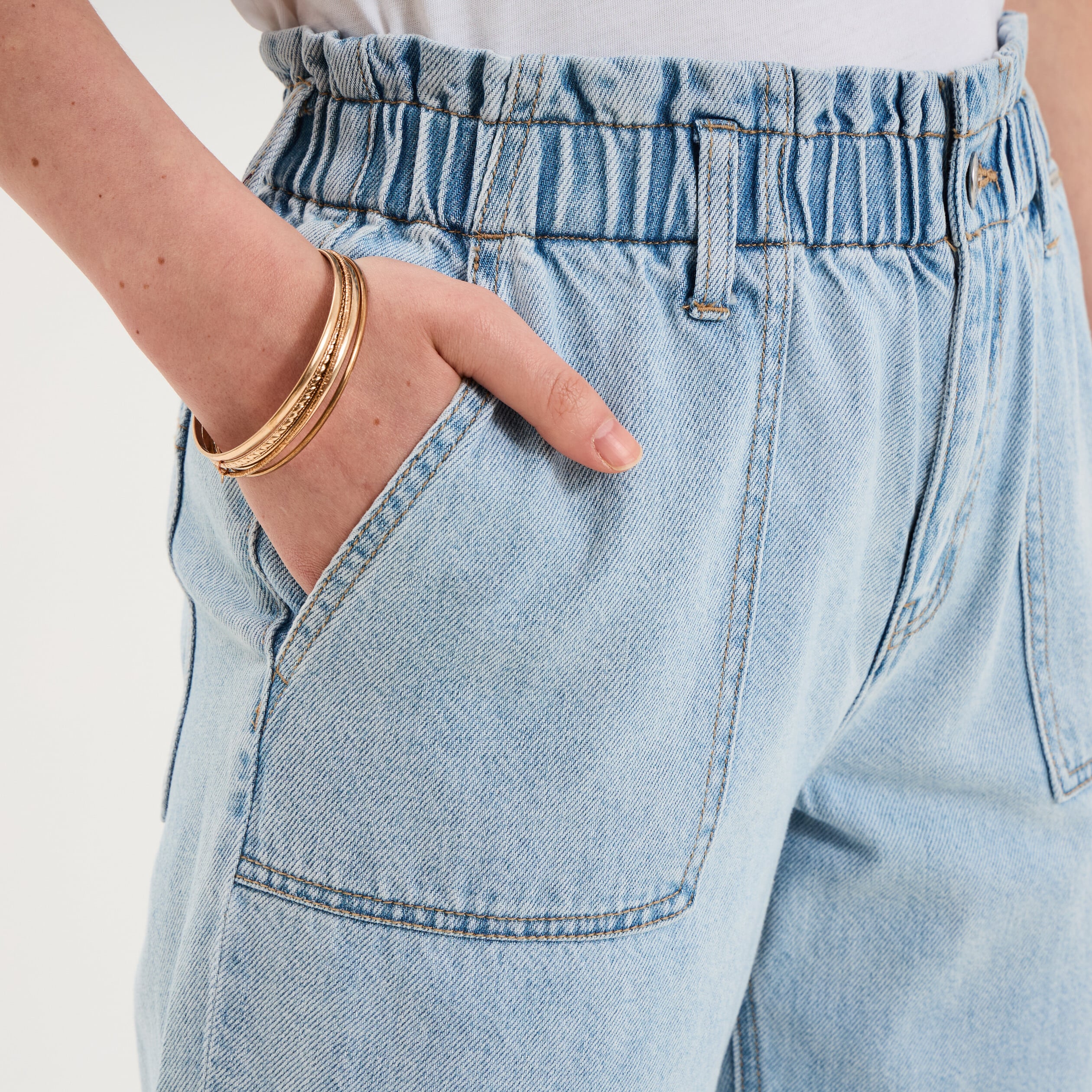 Jean paperbag cropped taille &eacute;lastiqu&eacute;e denim triple stone femme