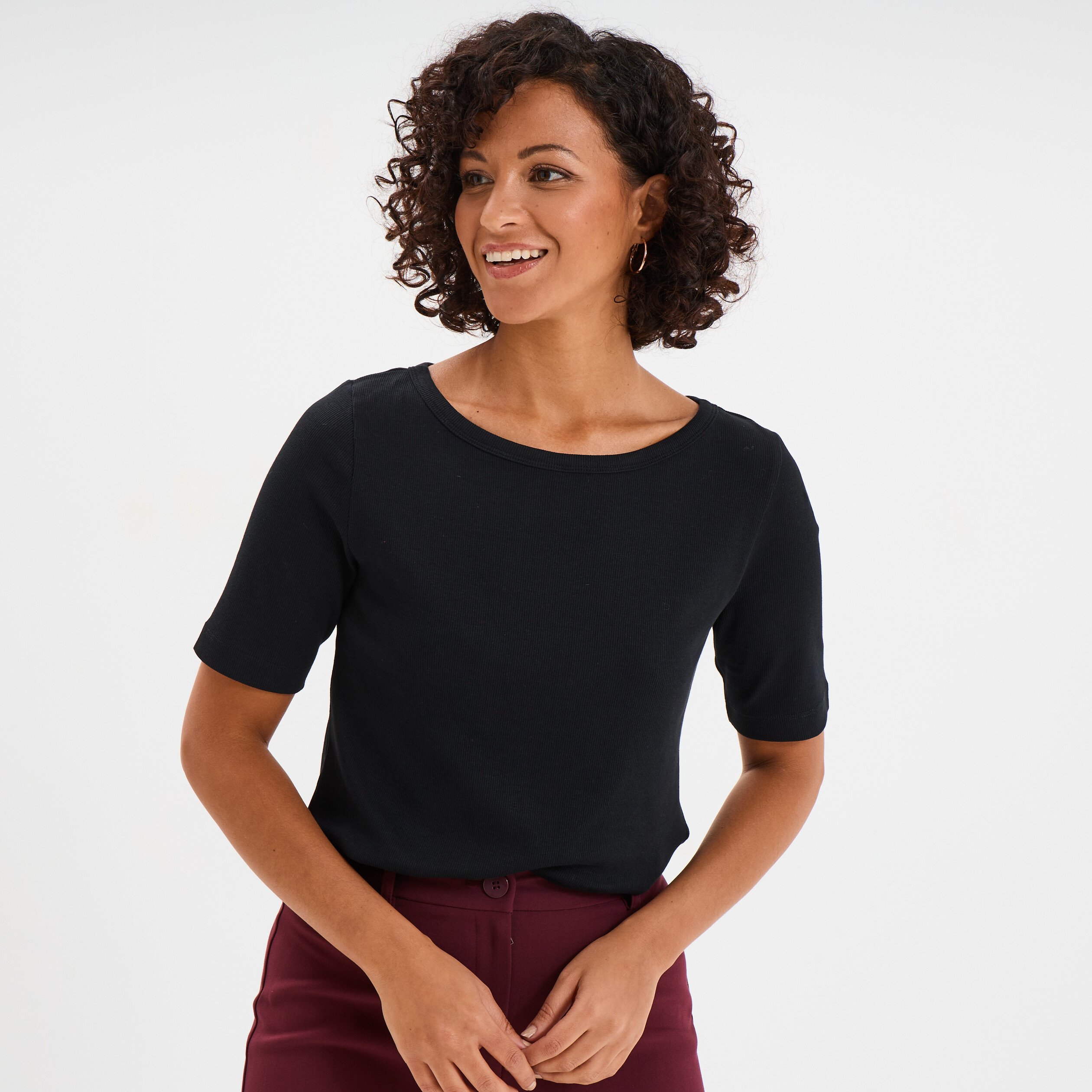 t shirt col rond manches courtes coton noir femme T-shirt col rond manches courtes coton noir femme