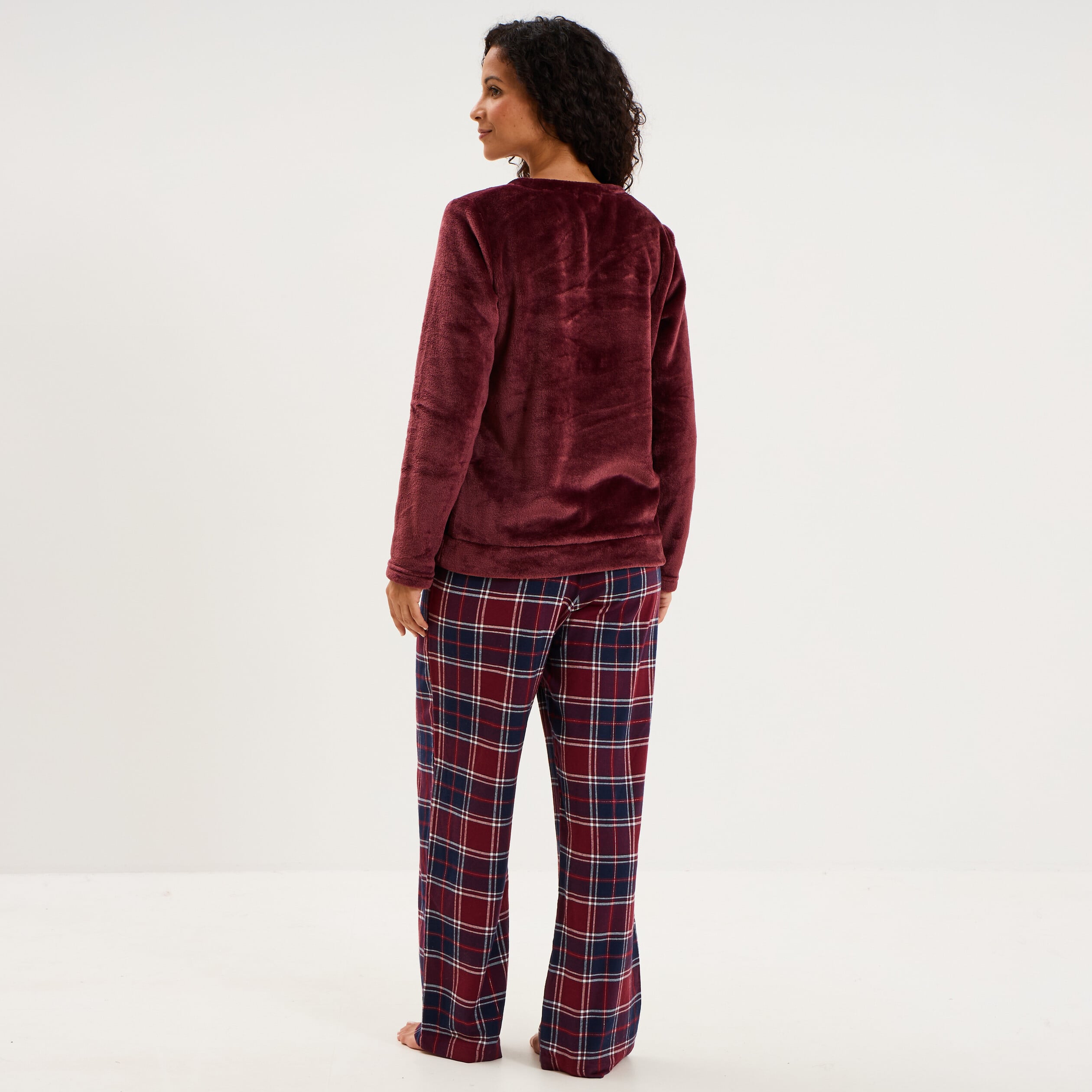 Ensemble pyjama effet polaire 3 pi&egrave;ces bordeaux femme