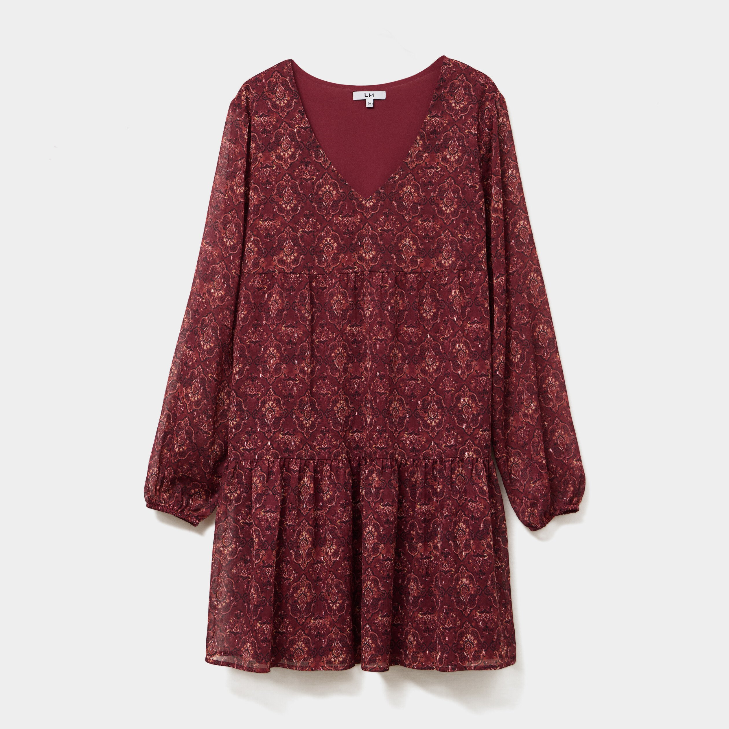 Robe évasée col en V et volants bordeaux femme