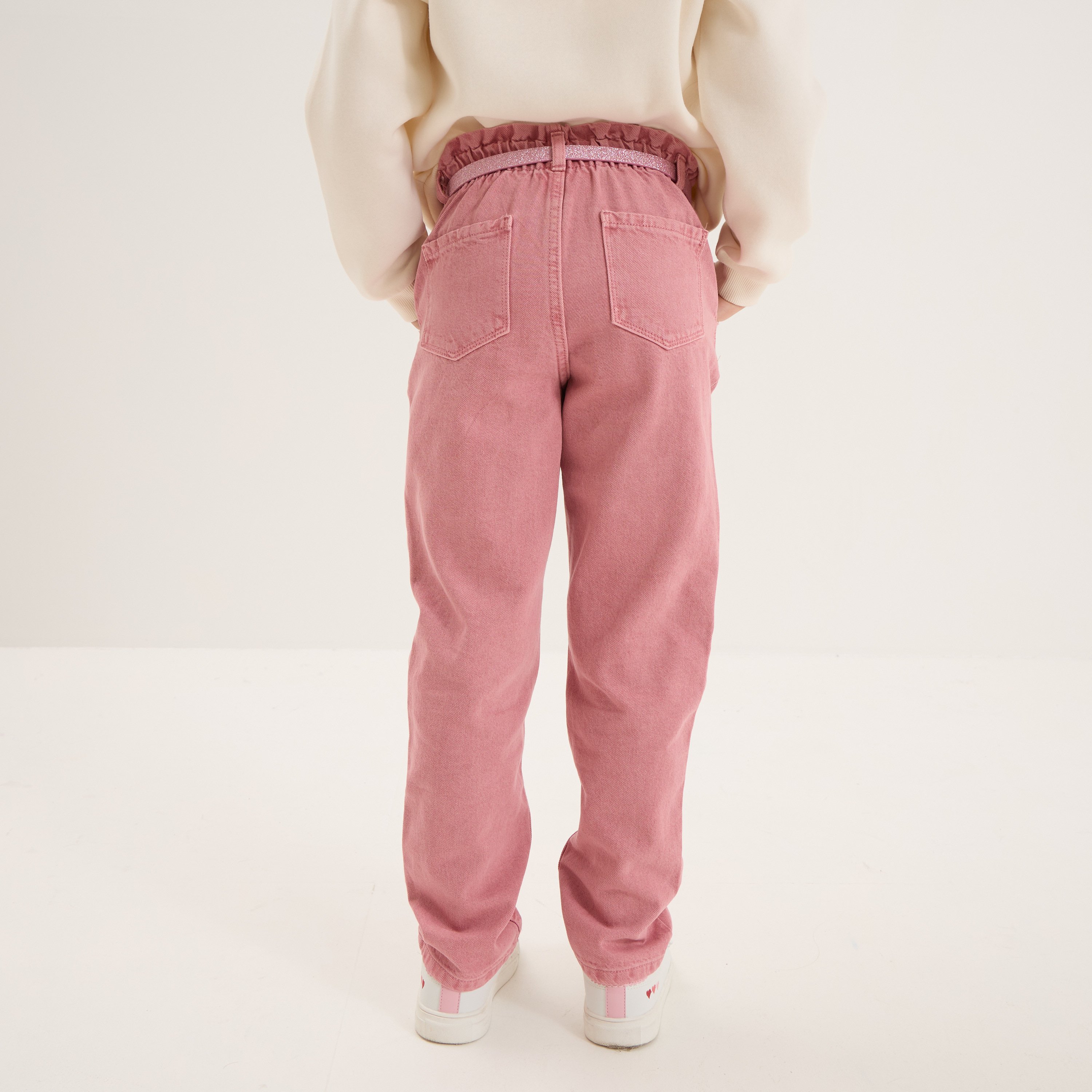 Pantalon paperbag mom taille élastiquée vieux rose fille