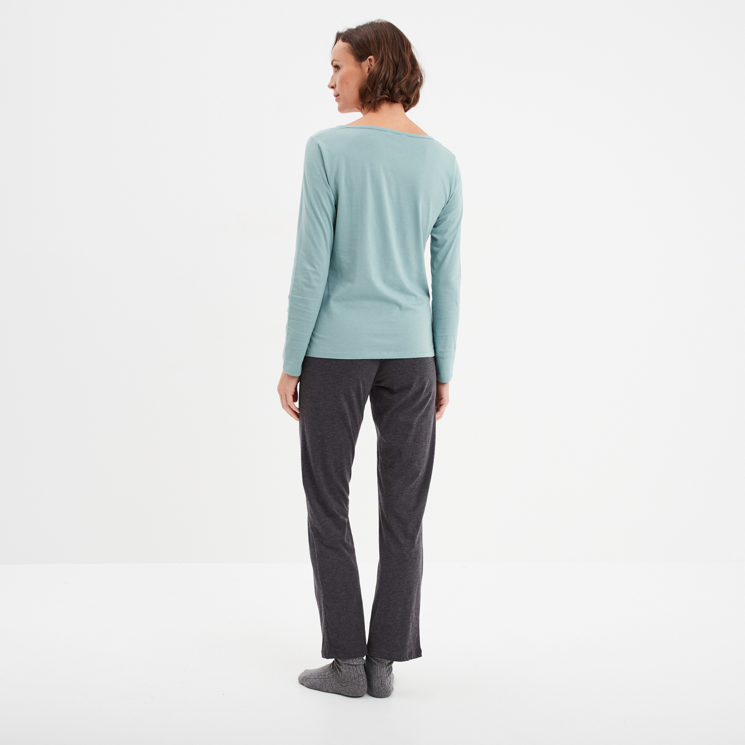 ensemble pyjama pantalon 2 pieces coton bleu gris femme Ensemble pyjama pantalon 2 pièces coton bleu gris femme