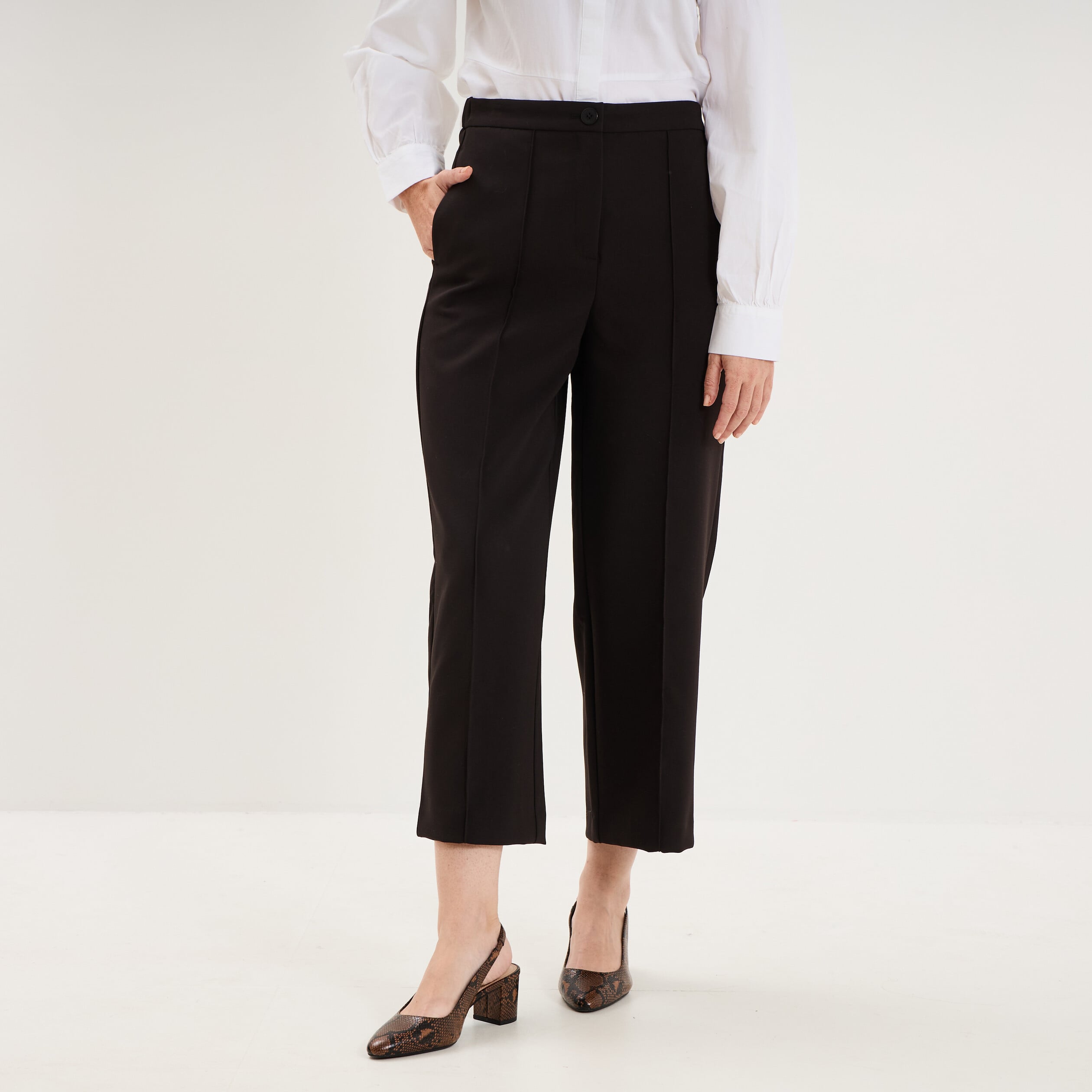 Pantalon droit cropped taille haute noir femme