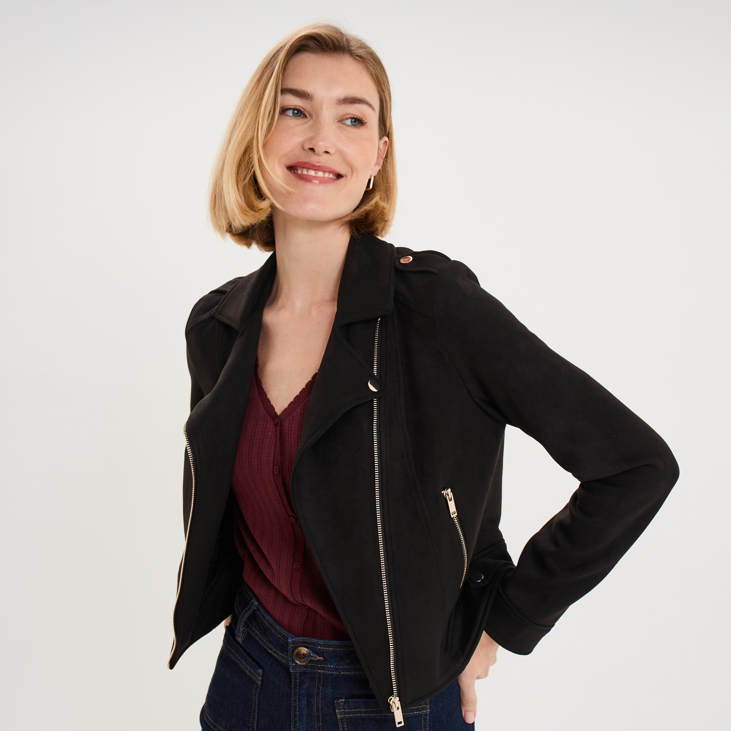 Veste biker effet su&eacute;dine noir femme