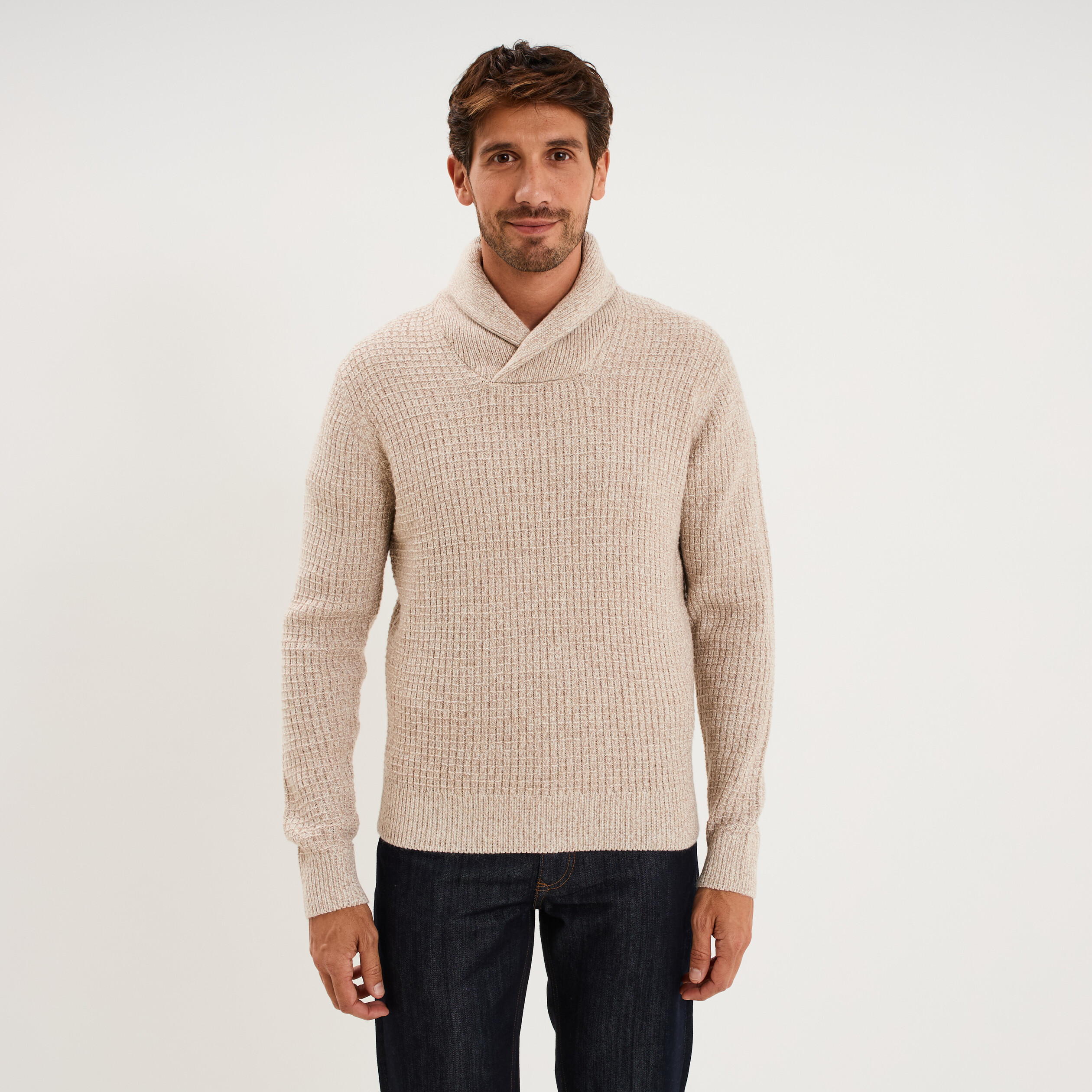 Pull col ch&acirc;le manches longues ecru homme