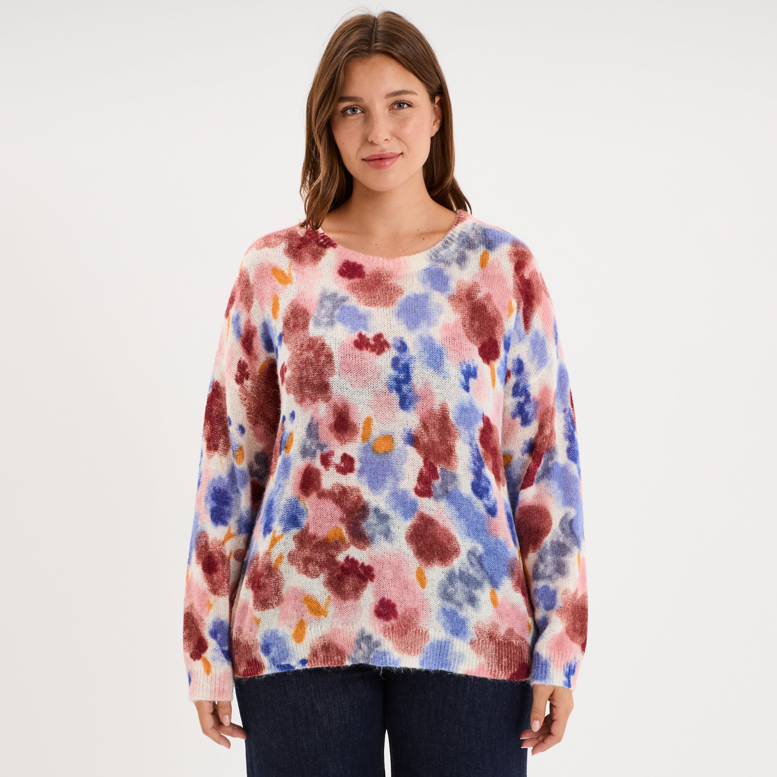 Pull col rond oversize manches longues ecru femme grande taille
