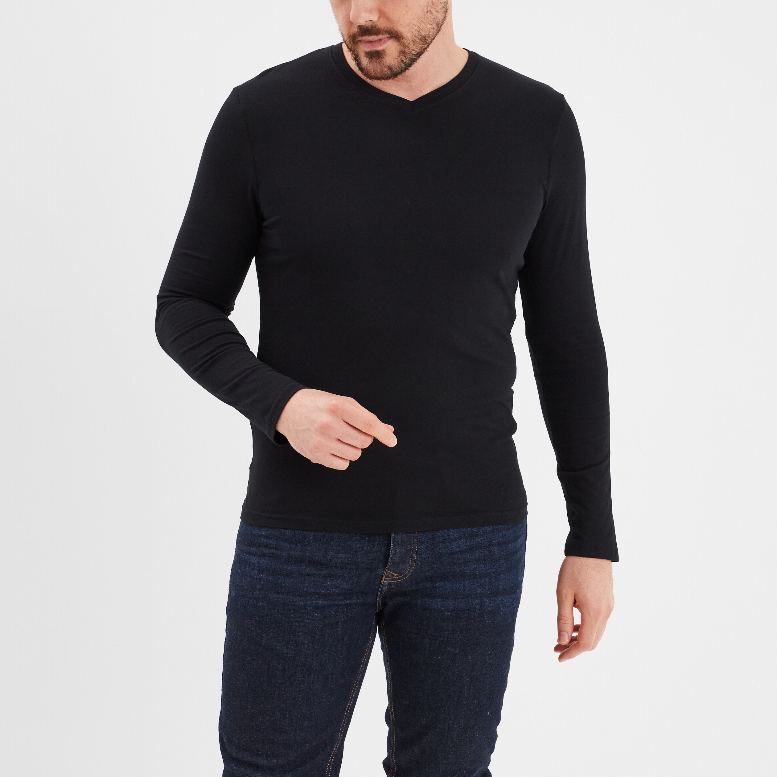T shirt col en V manches longues coton noir homme