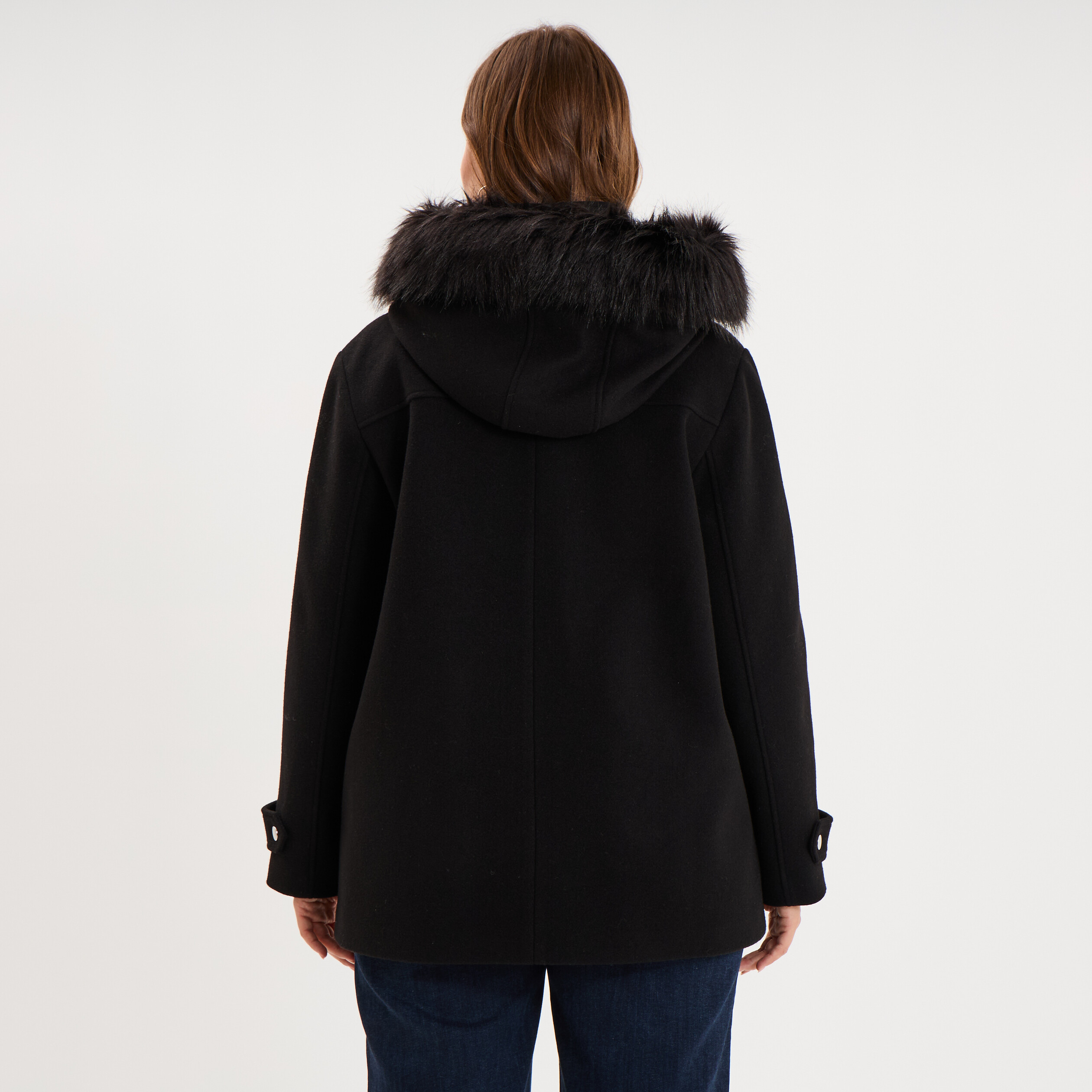 Manteau zipp&eacute; capuche fausse fourrure noir femme grande taille