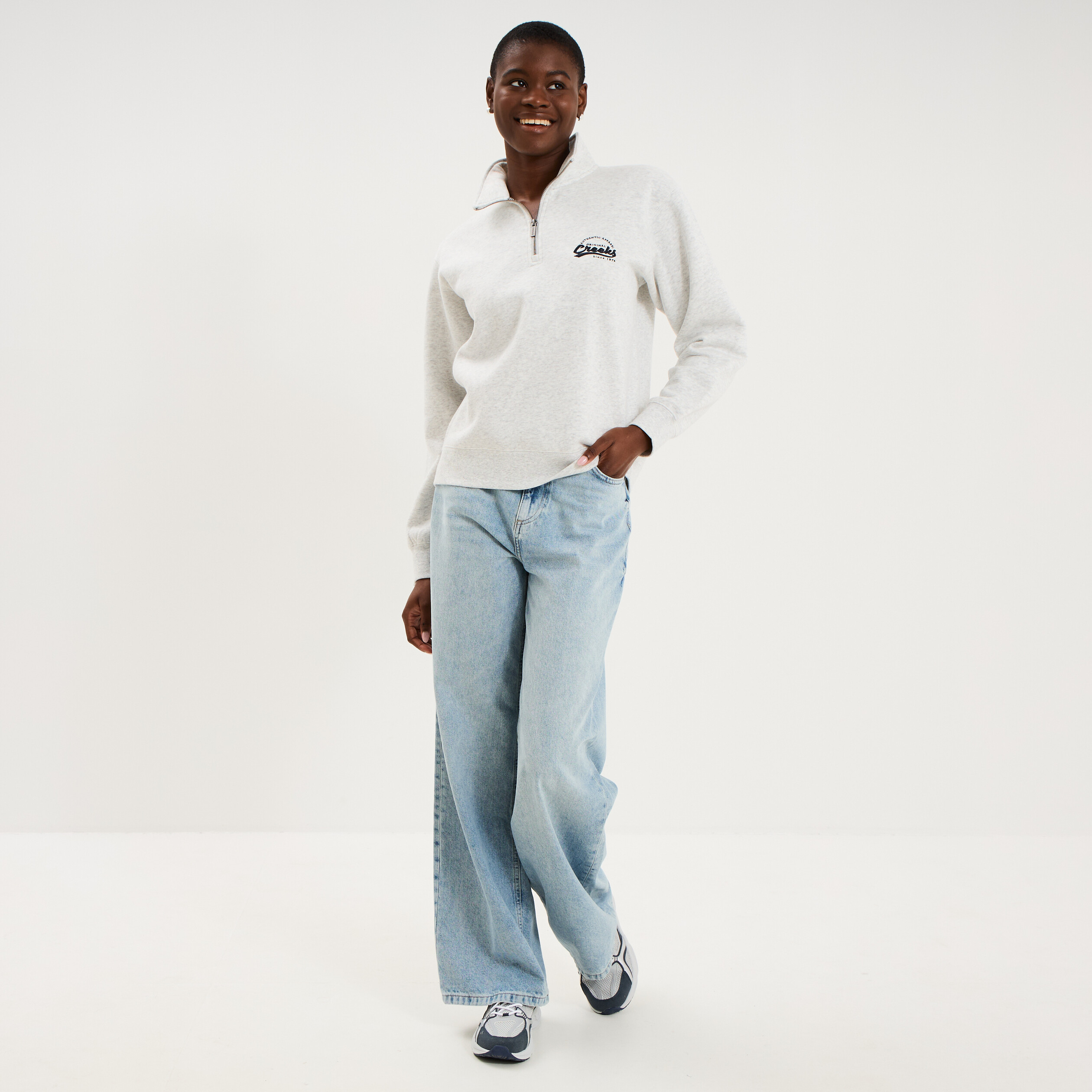 Sweat col camionneur zipp&eacute; gris clair femme