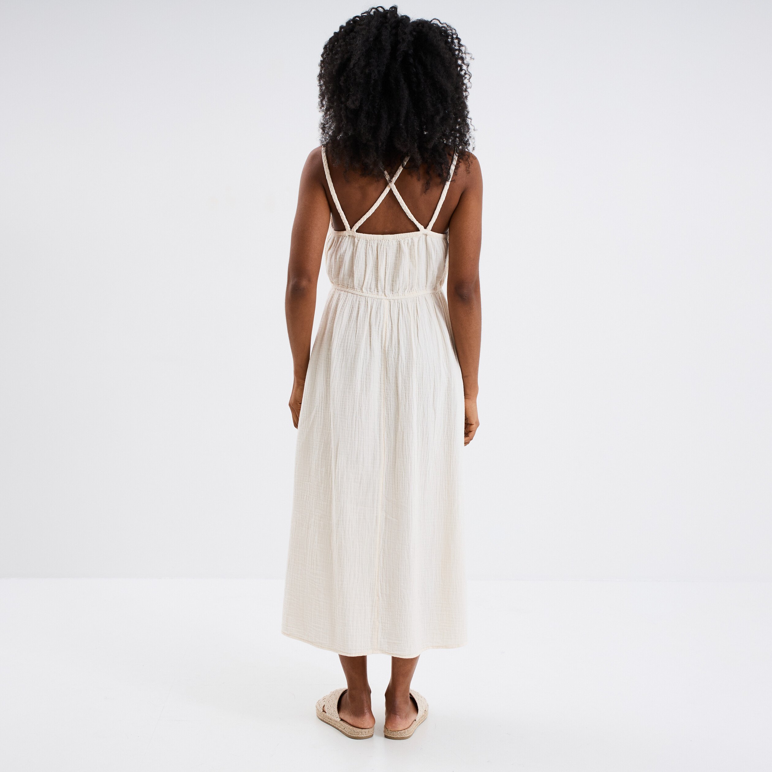 robe midi buste macrame en gaze de coton creme femme Robe midi buste macramé en gaze de coton creme femme