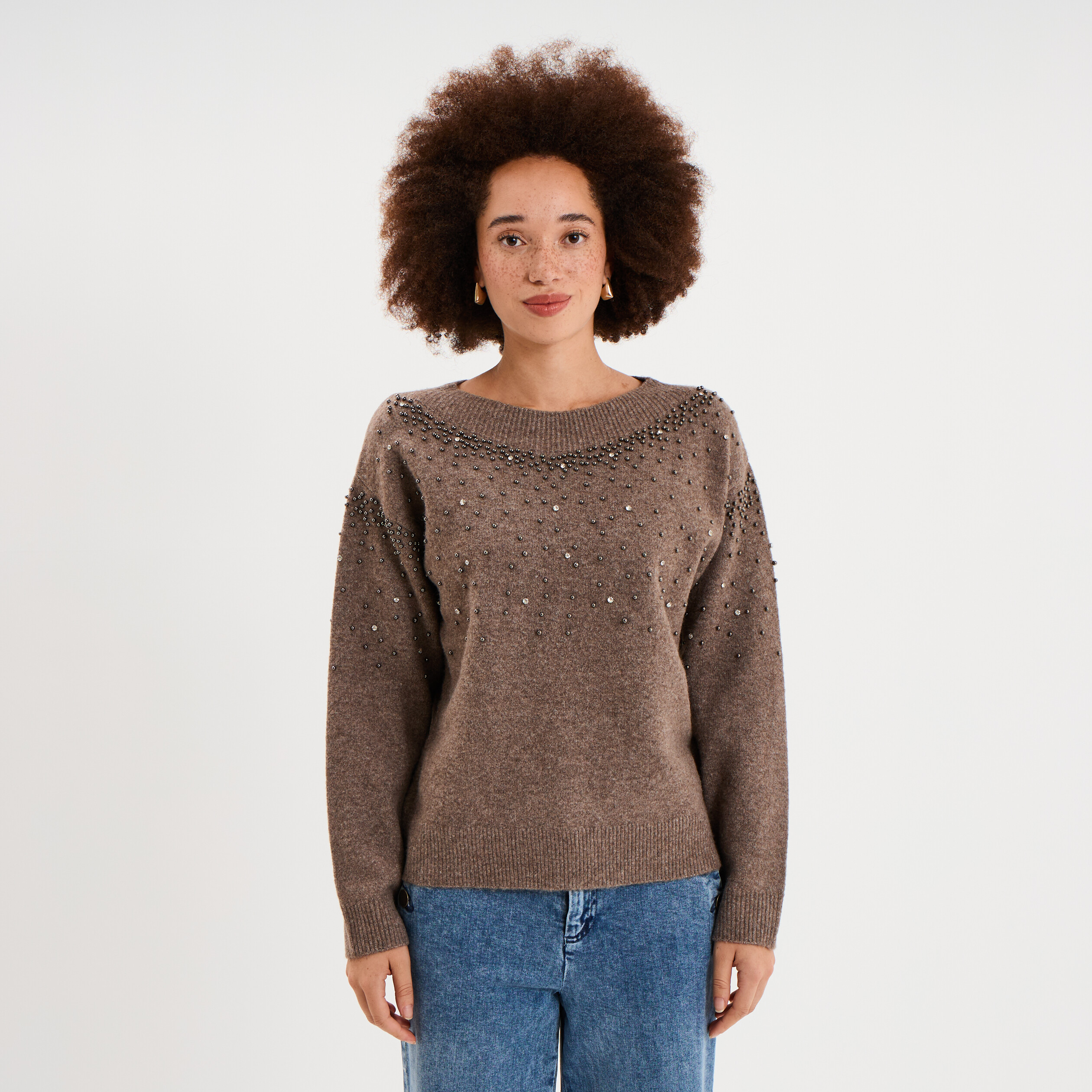 Pull perles et strass manches longues taupe femme