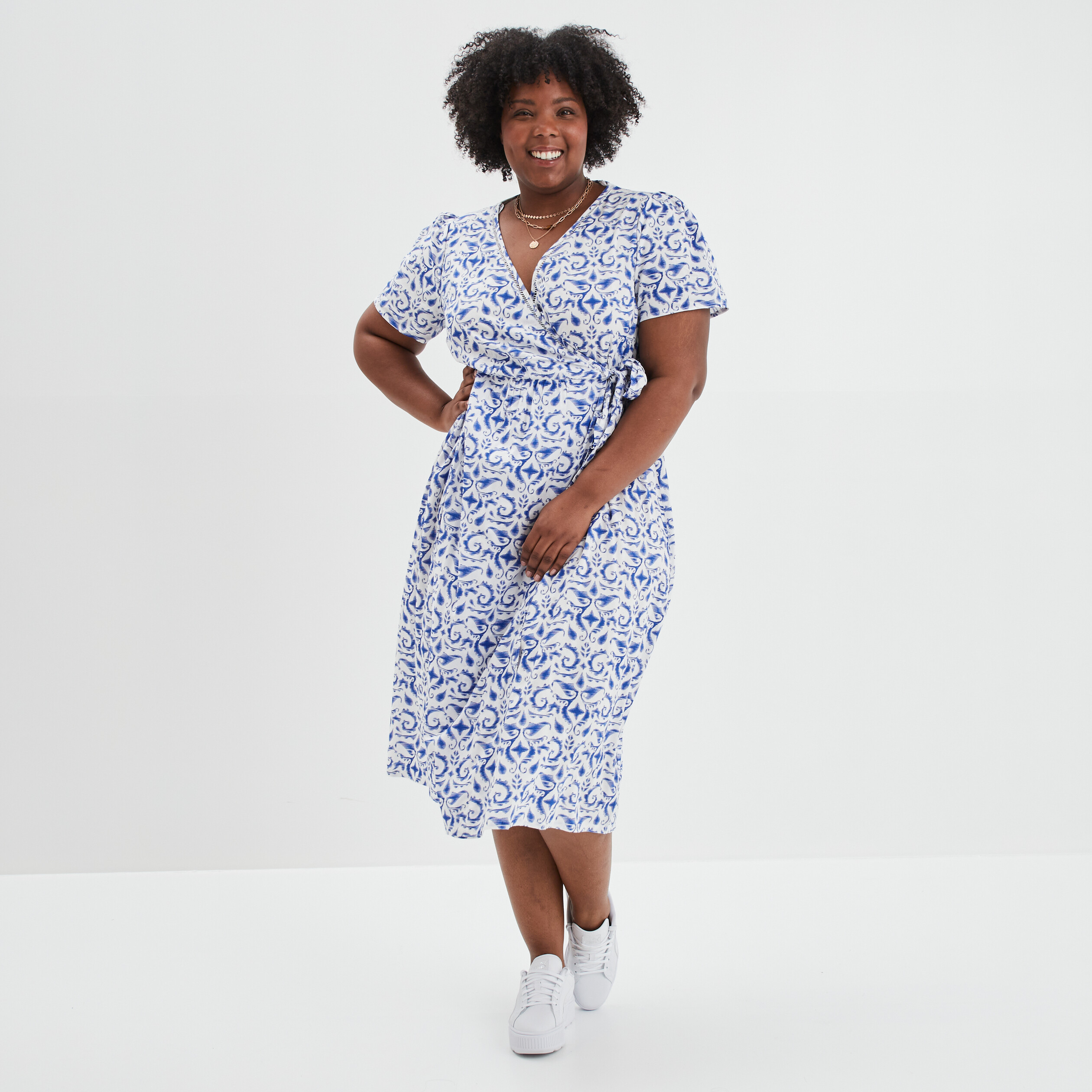 robe midi cintree portefeuille modavista ecru femmegt Robe midi cintrée portefeuille Modavista ecru femme grande taille