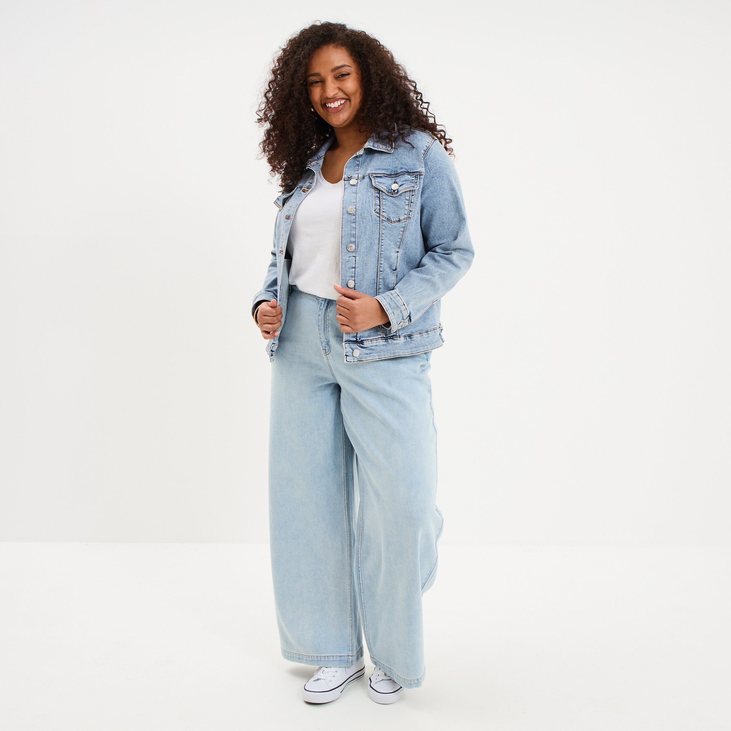 Veste courte en jean boutonn&eacute;e denim double stone femme grande taille