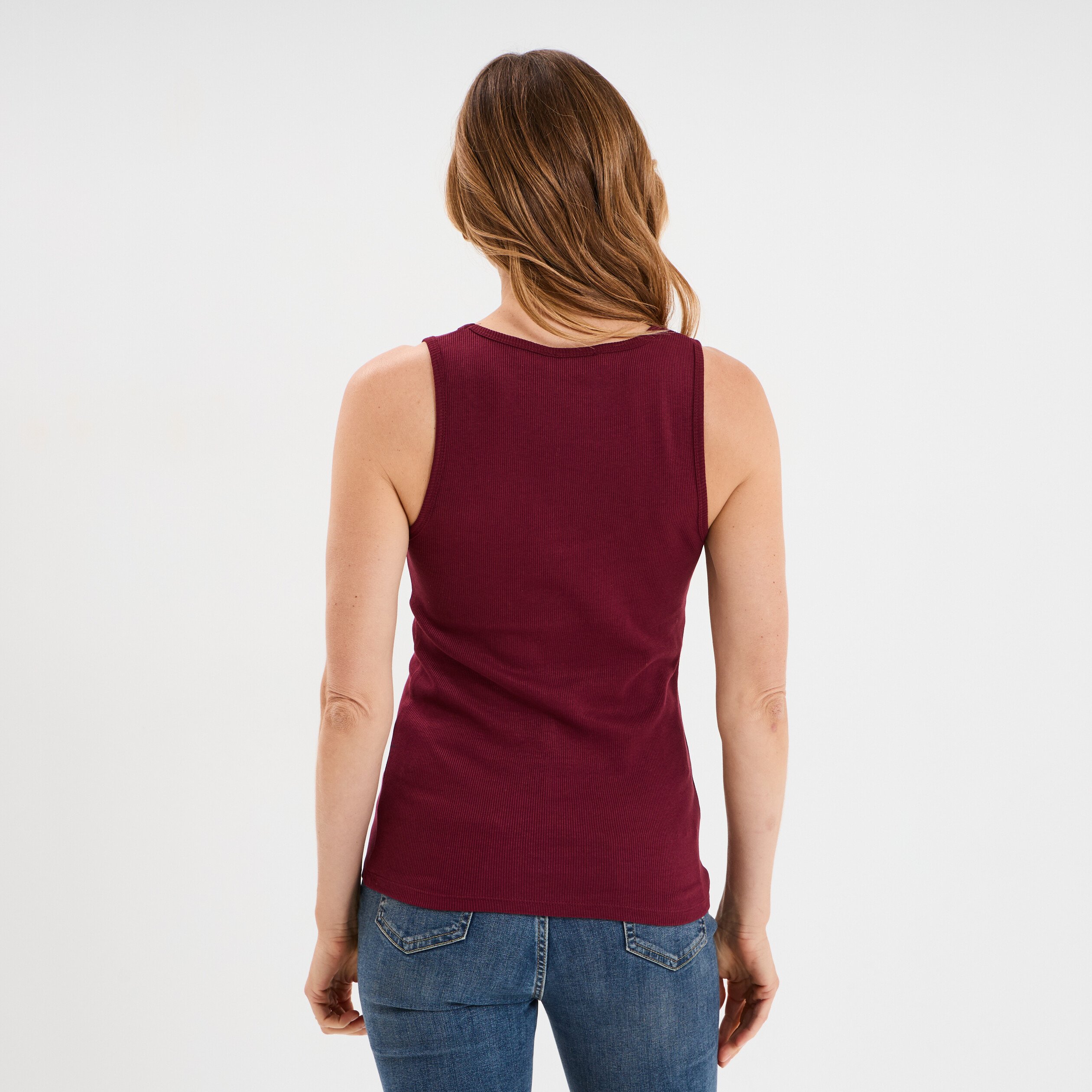 debardeur col rond cotele coton bordeaux femme Débardeur col rond côtelé coton bordeaux femme