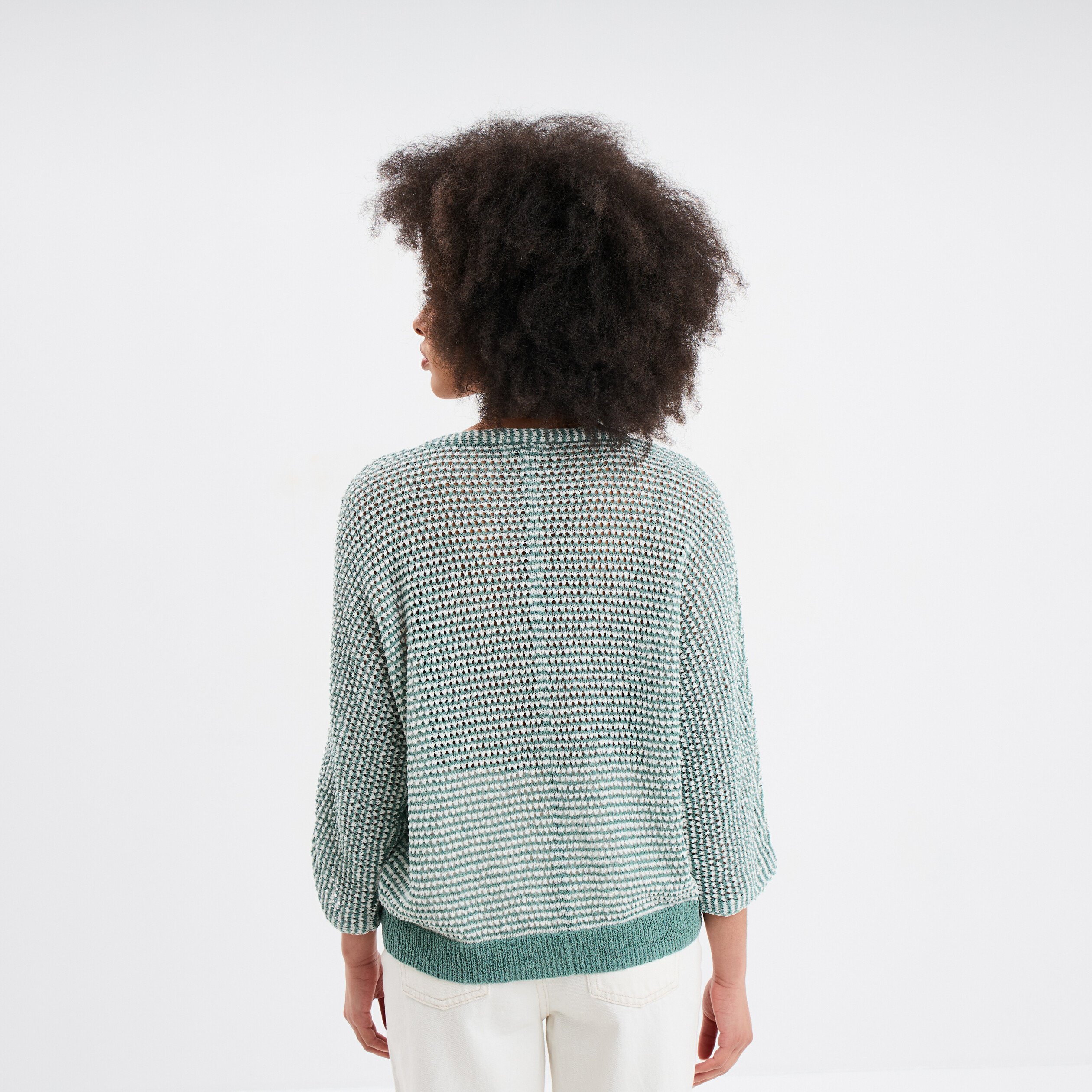 pull ajoure effet crochet manches 34 bleu gris femme Pull ajouré effet crochet manches 3/4 bleu gris femme