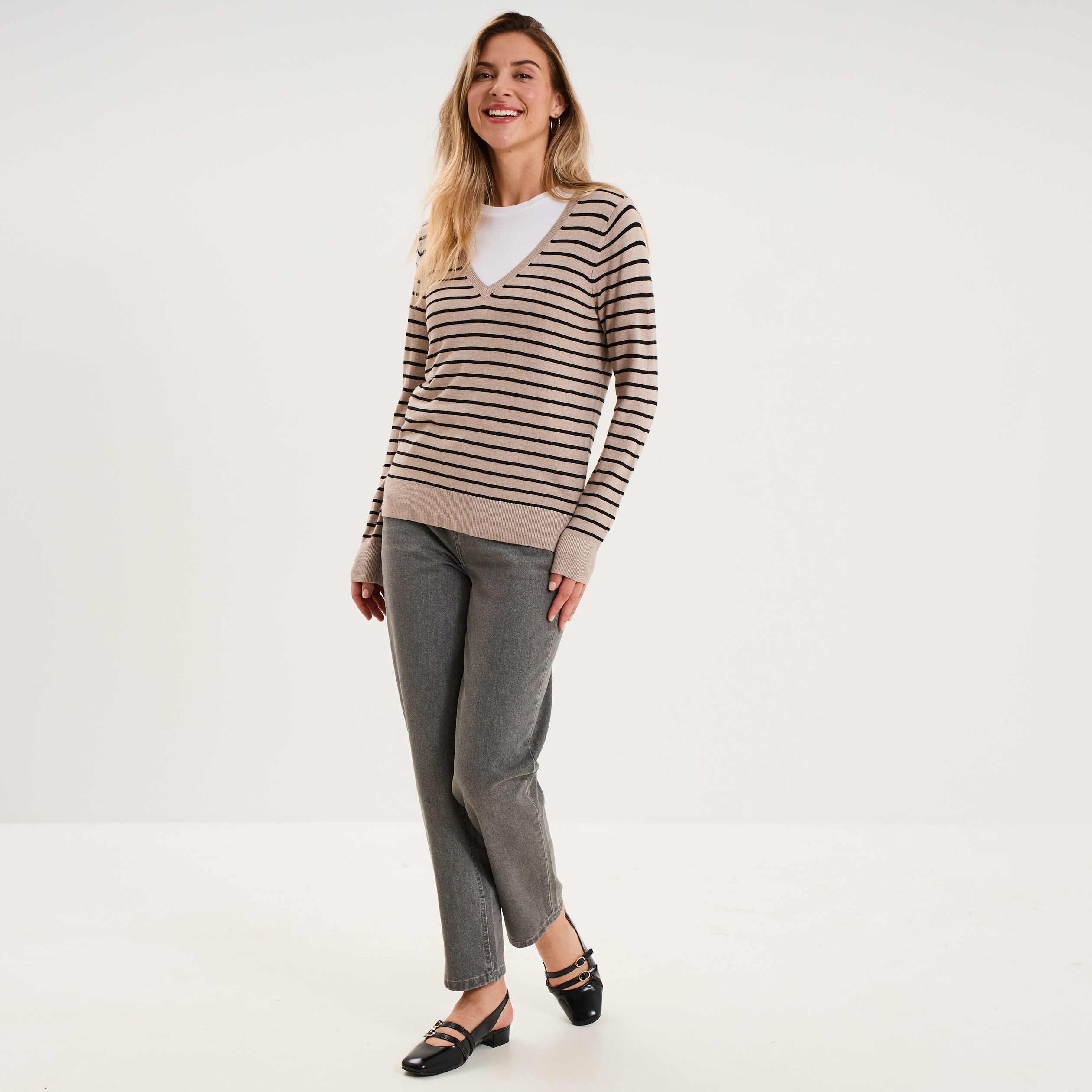 Pull col en V manches longues beige clair femme