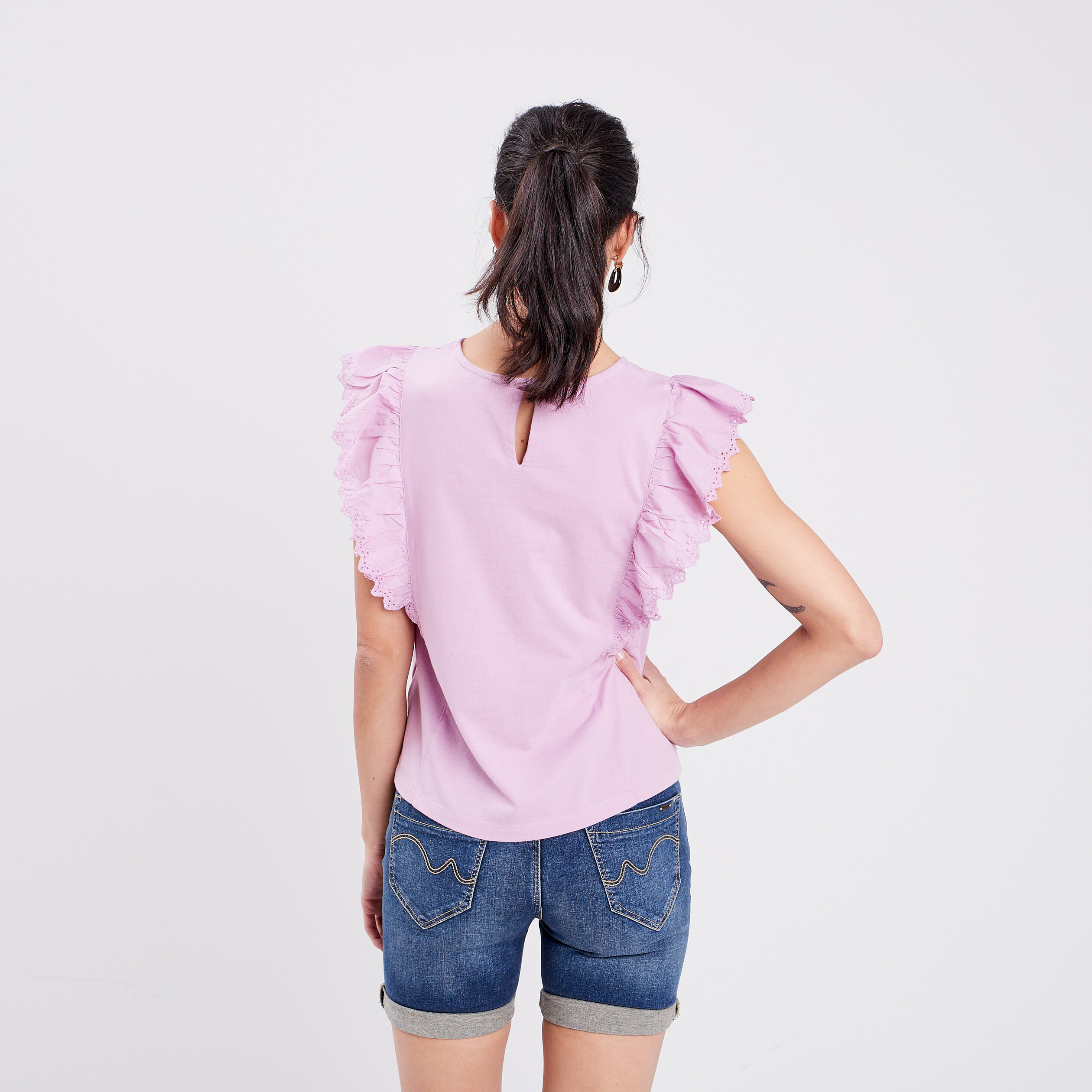 T-shirt avec broderie anglaise parme femme