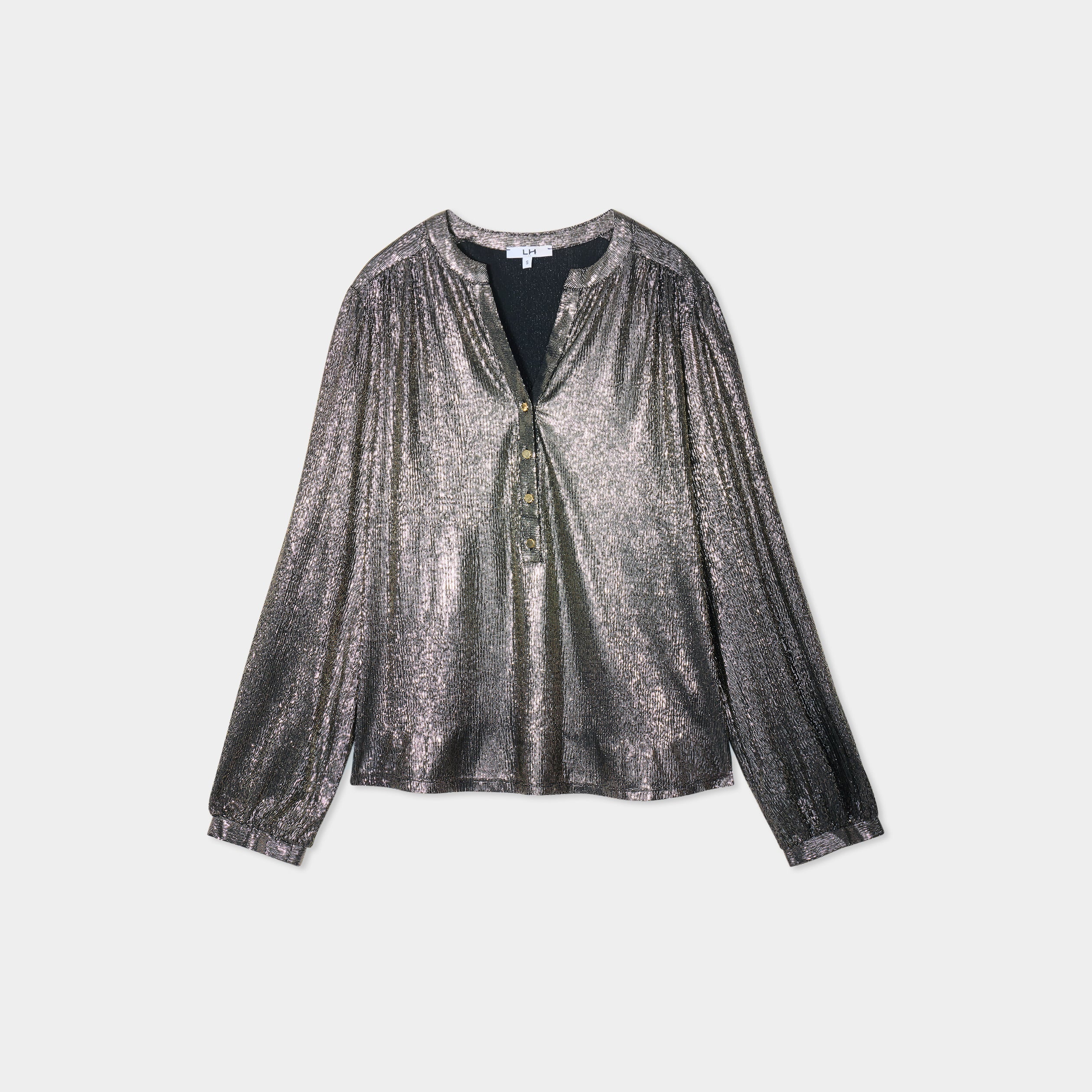 Blouse m&eacute;tallis&eacute;e manches longues jaune or femme