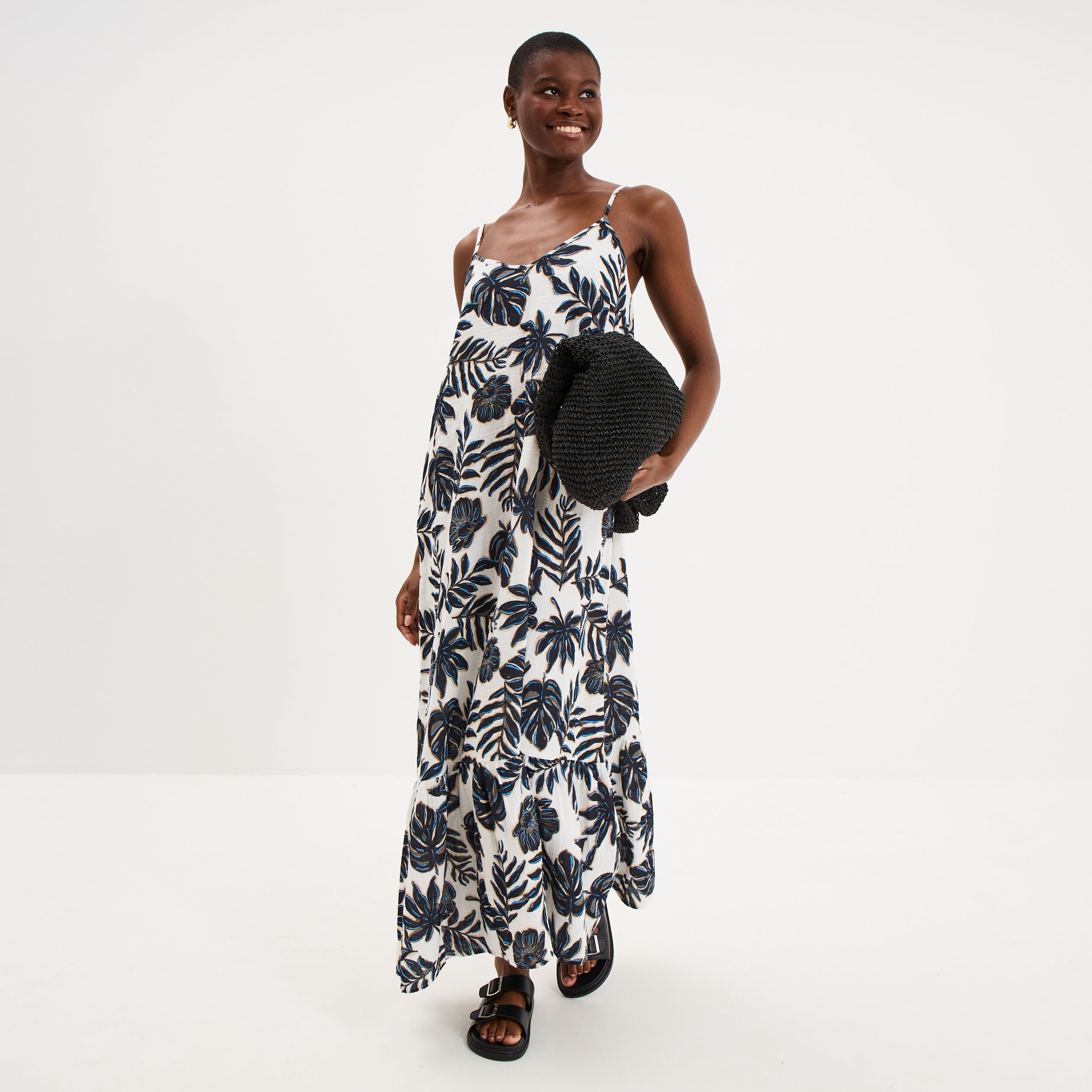 Robe longue &agrave; bretelles &eacute;vas&eacute;e coton ecru femme