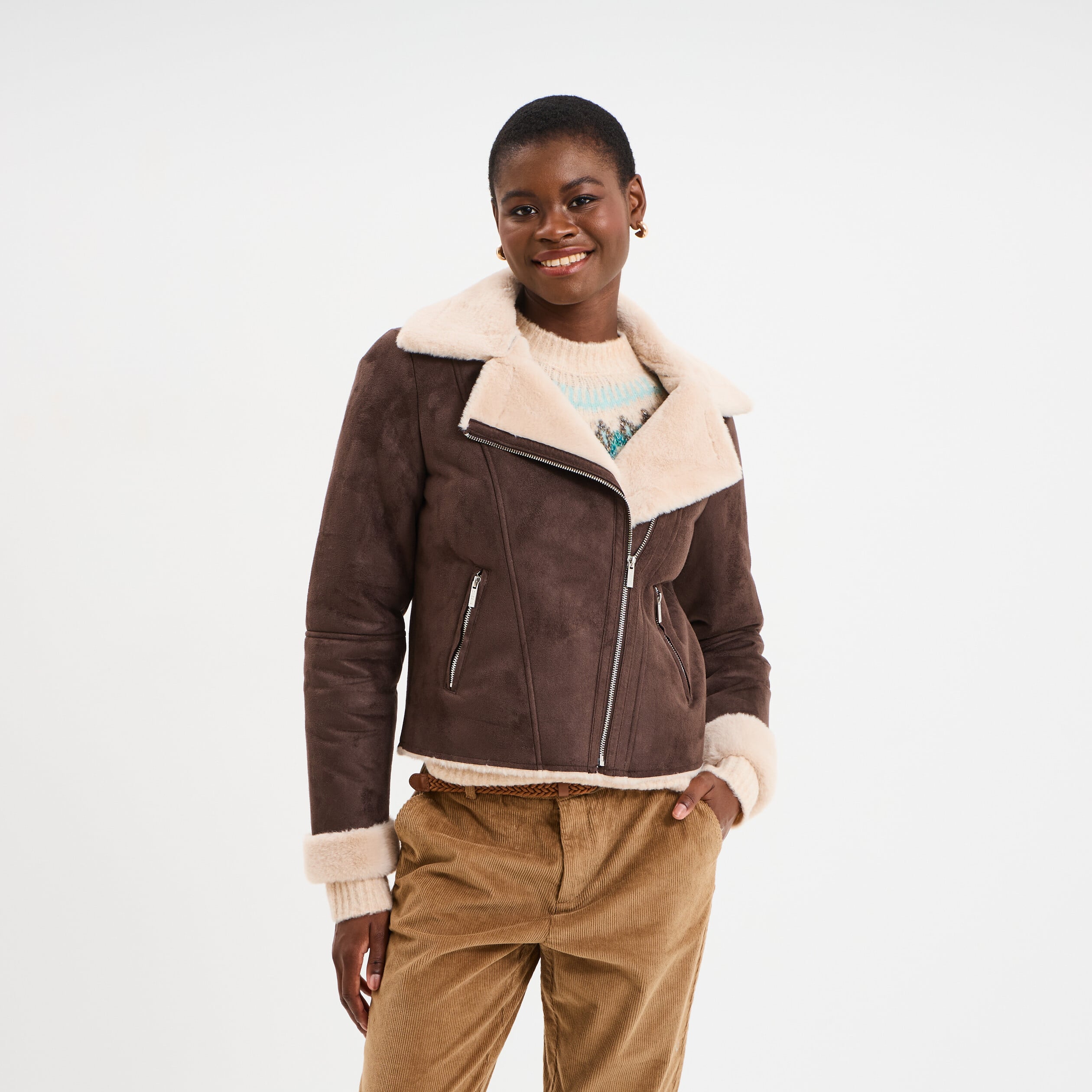 Veste col aviateur zipp&eacute;e doubl&eacute;e marron fonc&eacute; femme