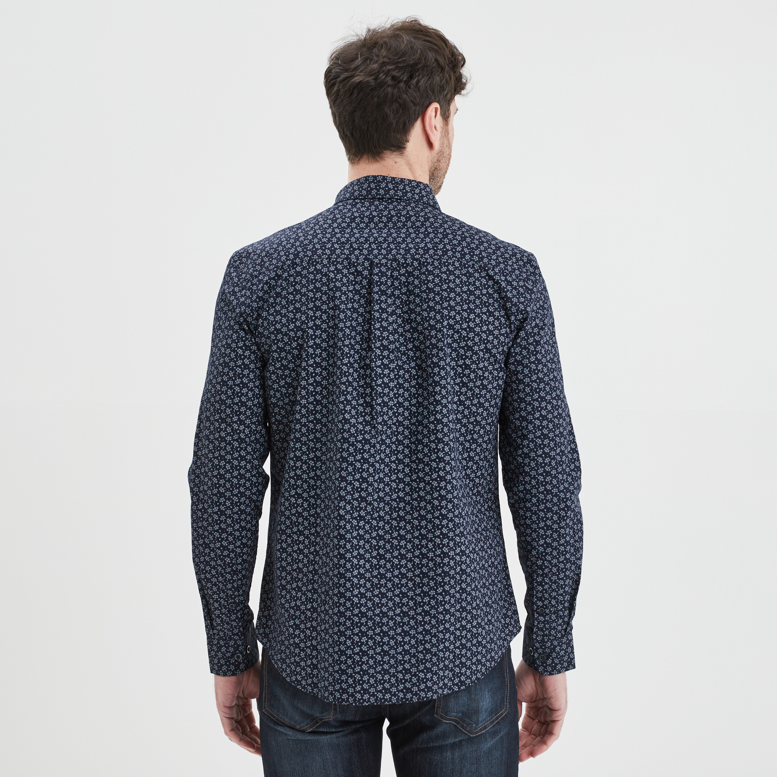 Chemise droite imprim&eacute;e manches longues bleu marine homme