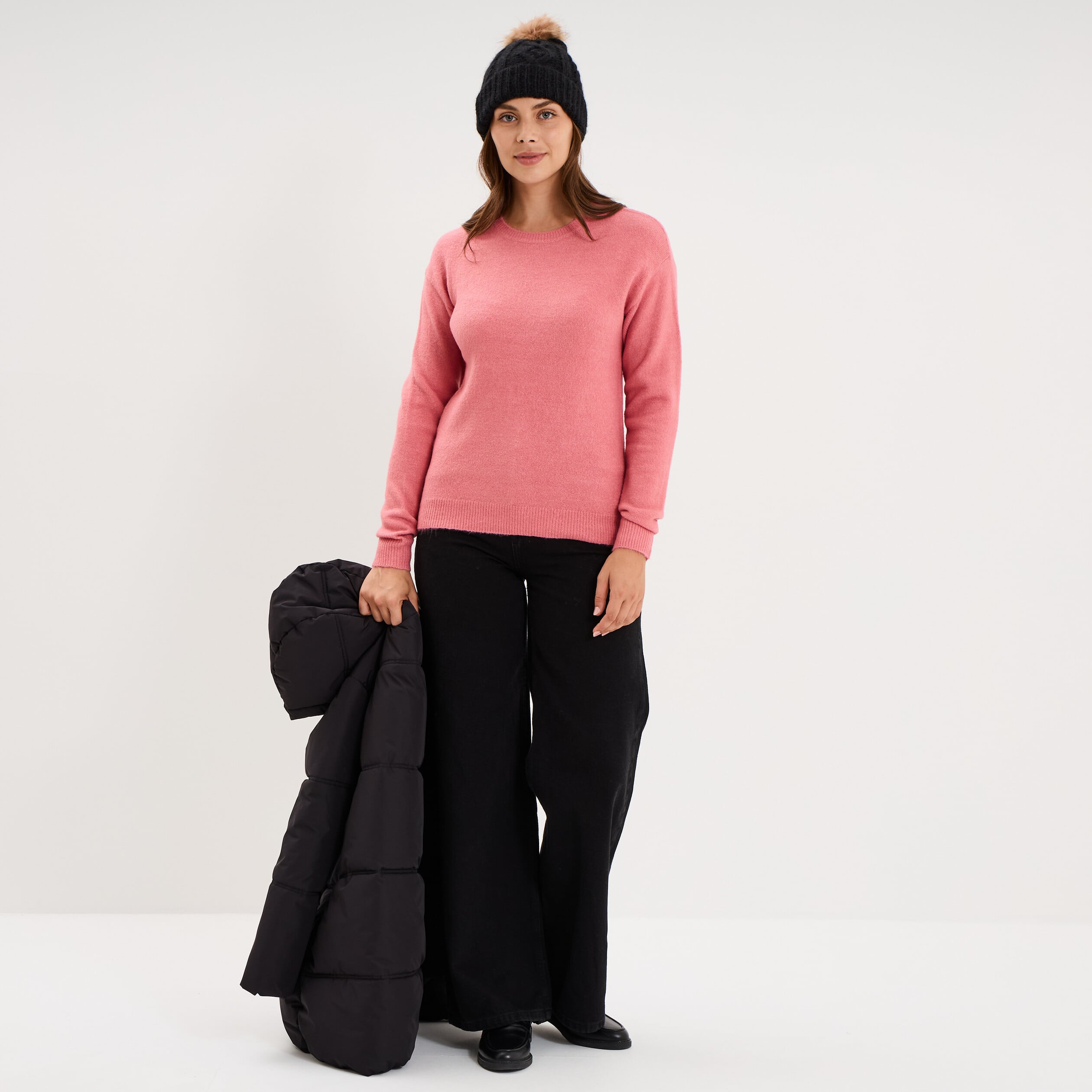 Pull col rond manches longues vieux rose femme