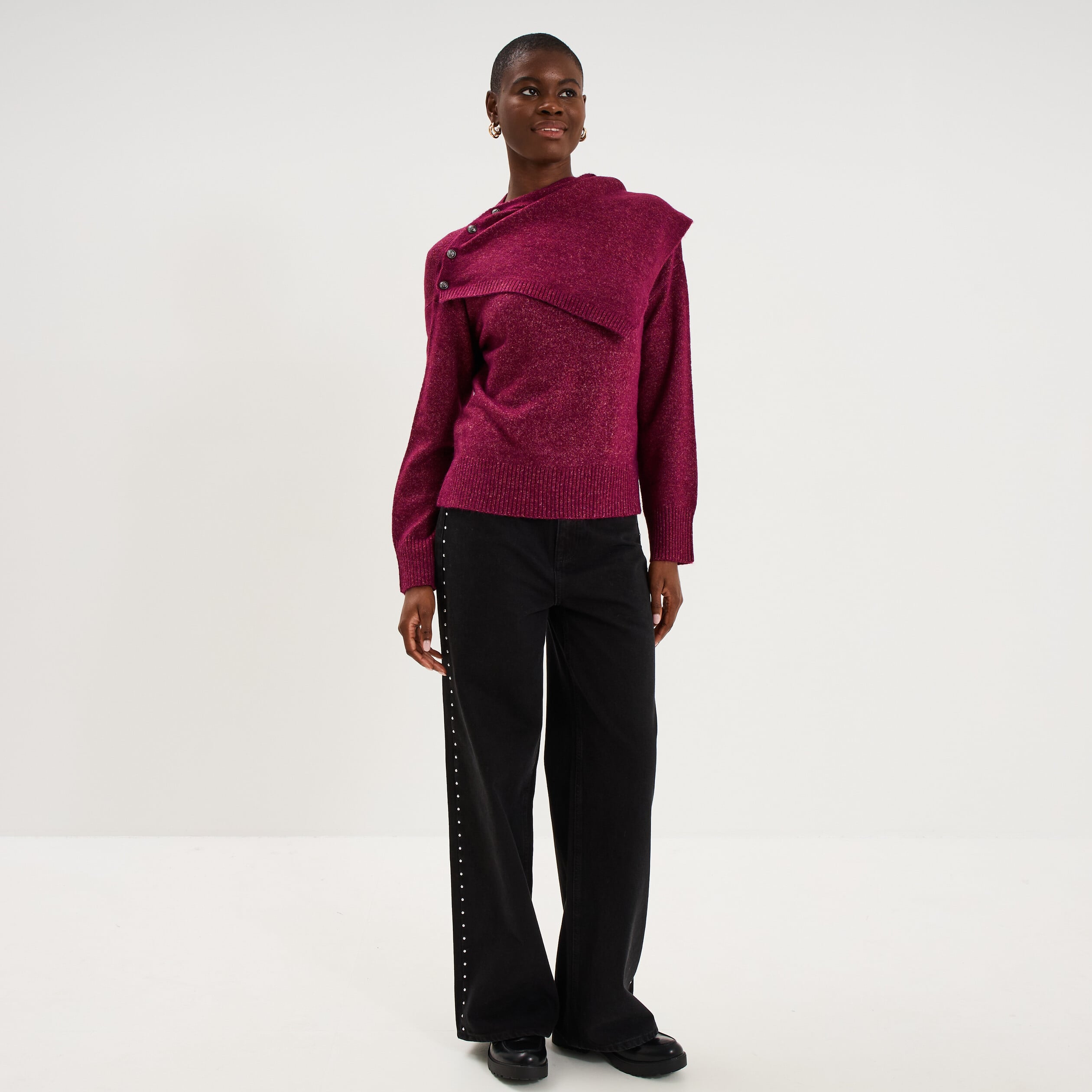 Pull col rond &eacute;charpe amovible rouge fonc&eacute; femme