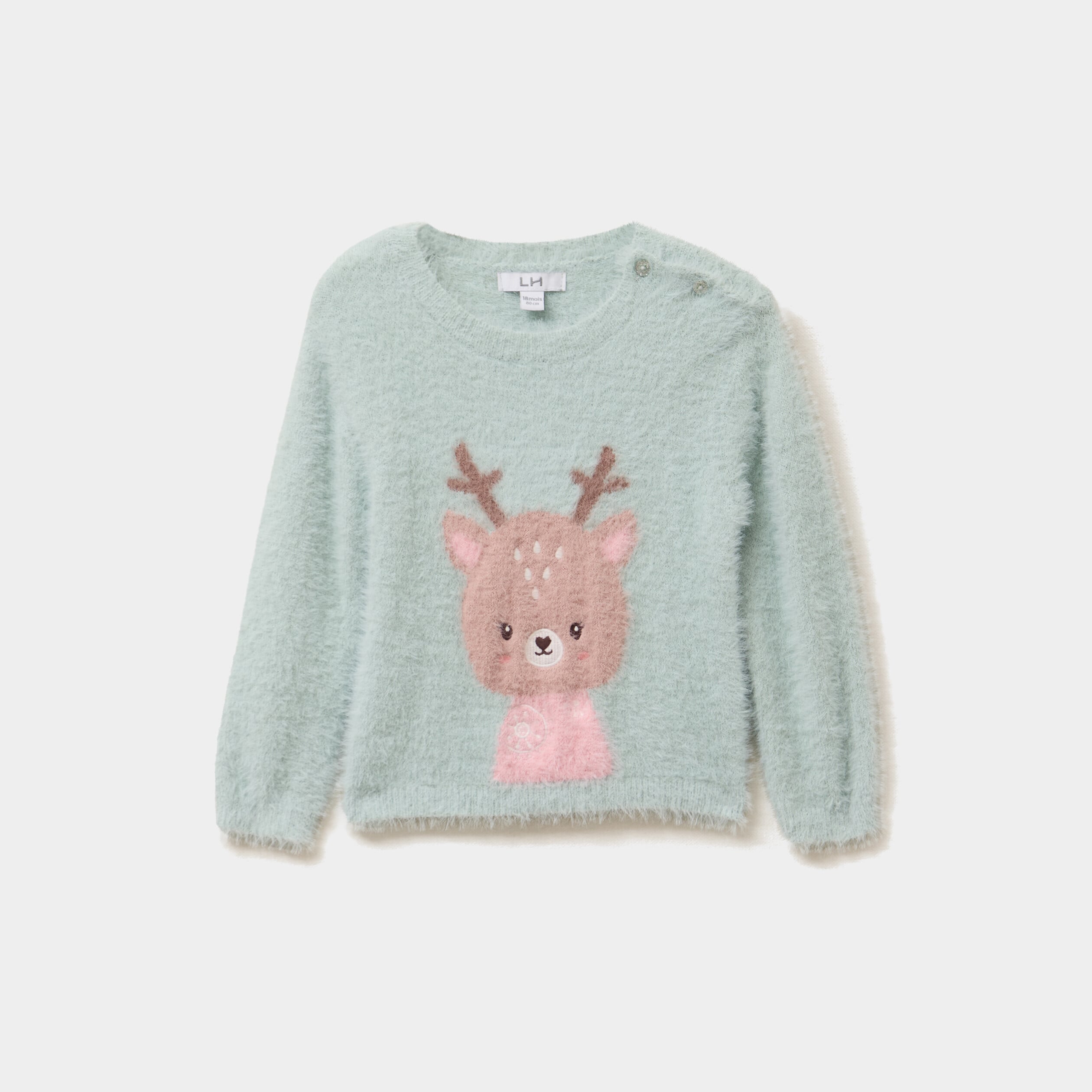 Pull mailles duveteuses col rond vert pastel b&eacute;b&eacute; fille