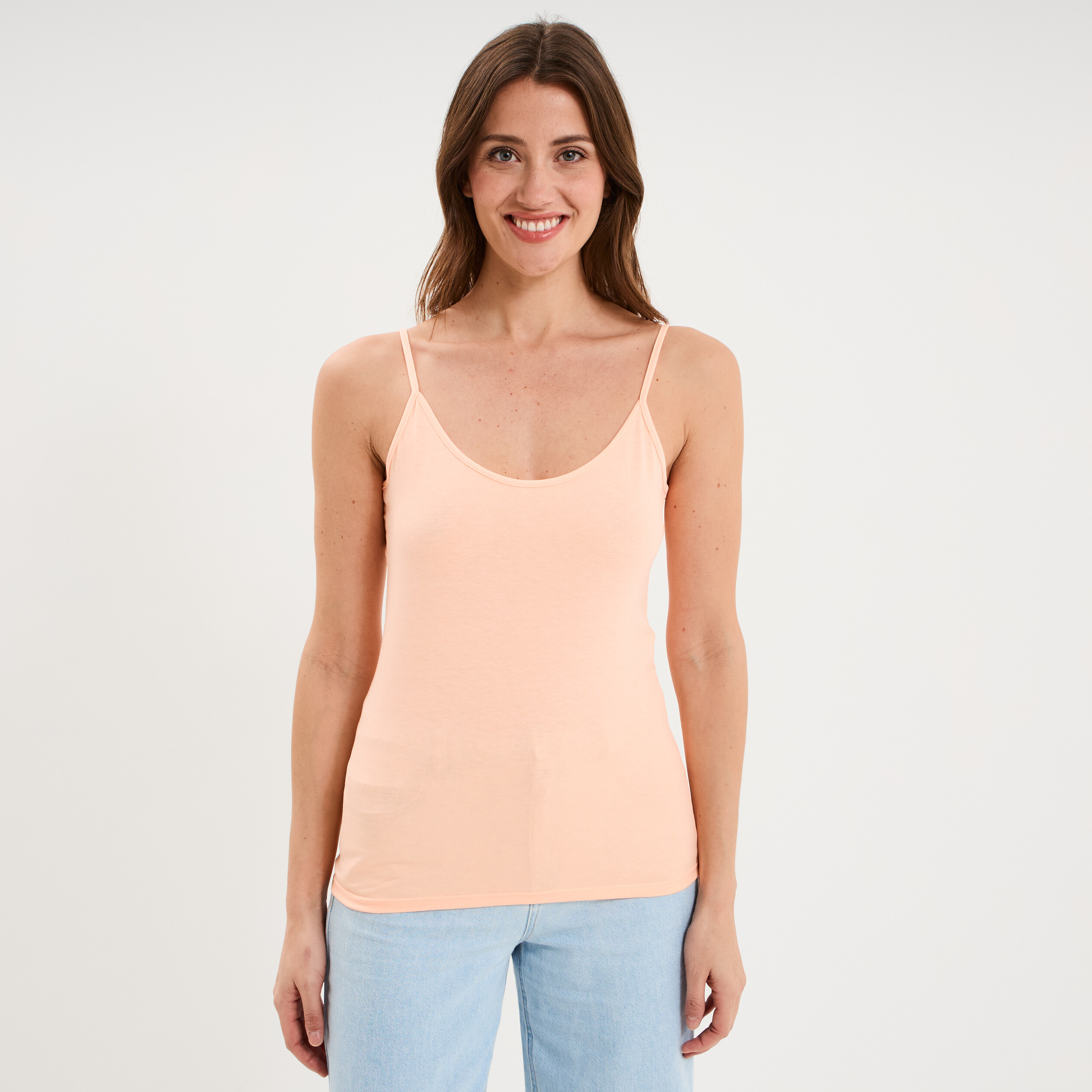 D&eacute;bardeur coton bretelles r&eacute;glables orange fluo femme