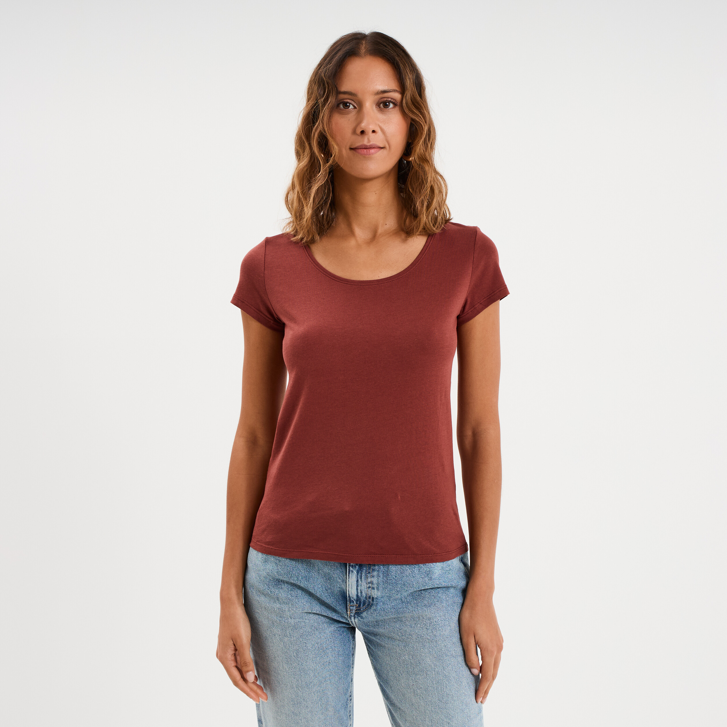 T-shirt coton col rond manches courtes marron cognac femme