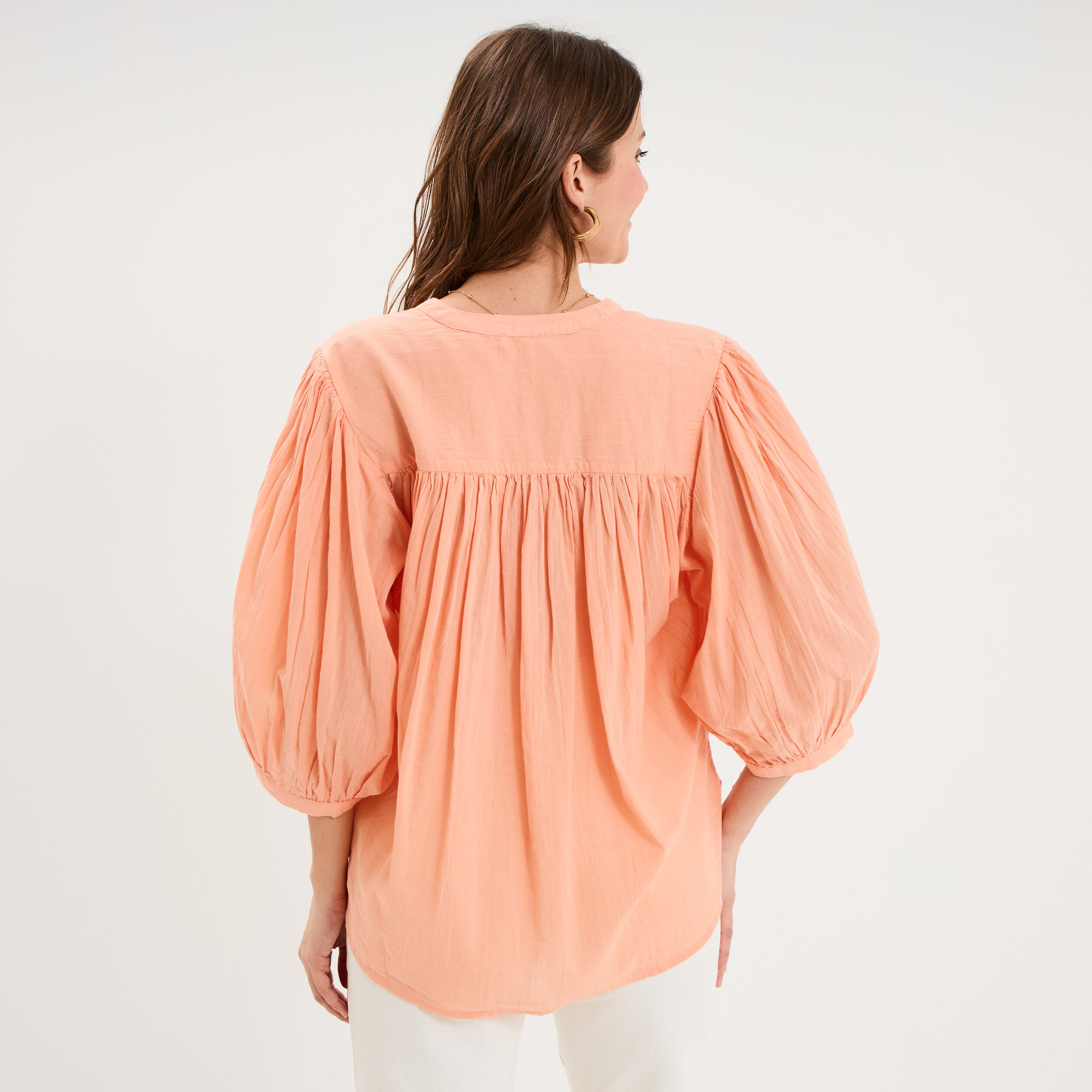 Blouse fluide oversize manches 3/4 coton rose saumon femme
