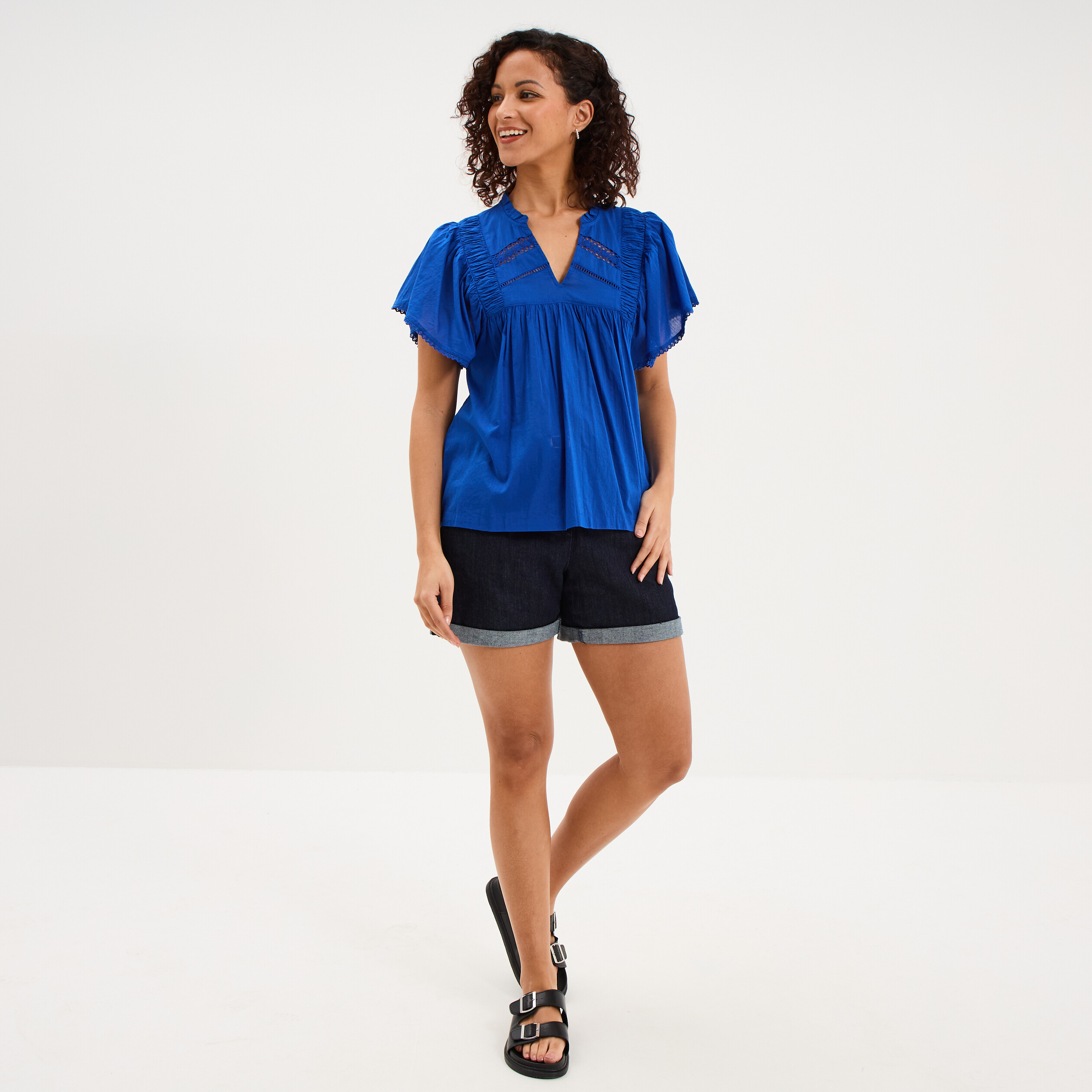 Blouse fluide l&eacute;g&egrave;re avec volants coton bleu electrique femme