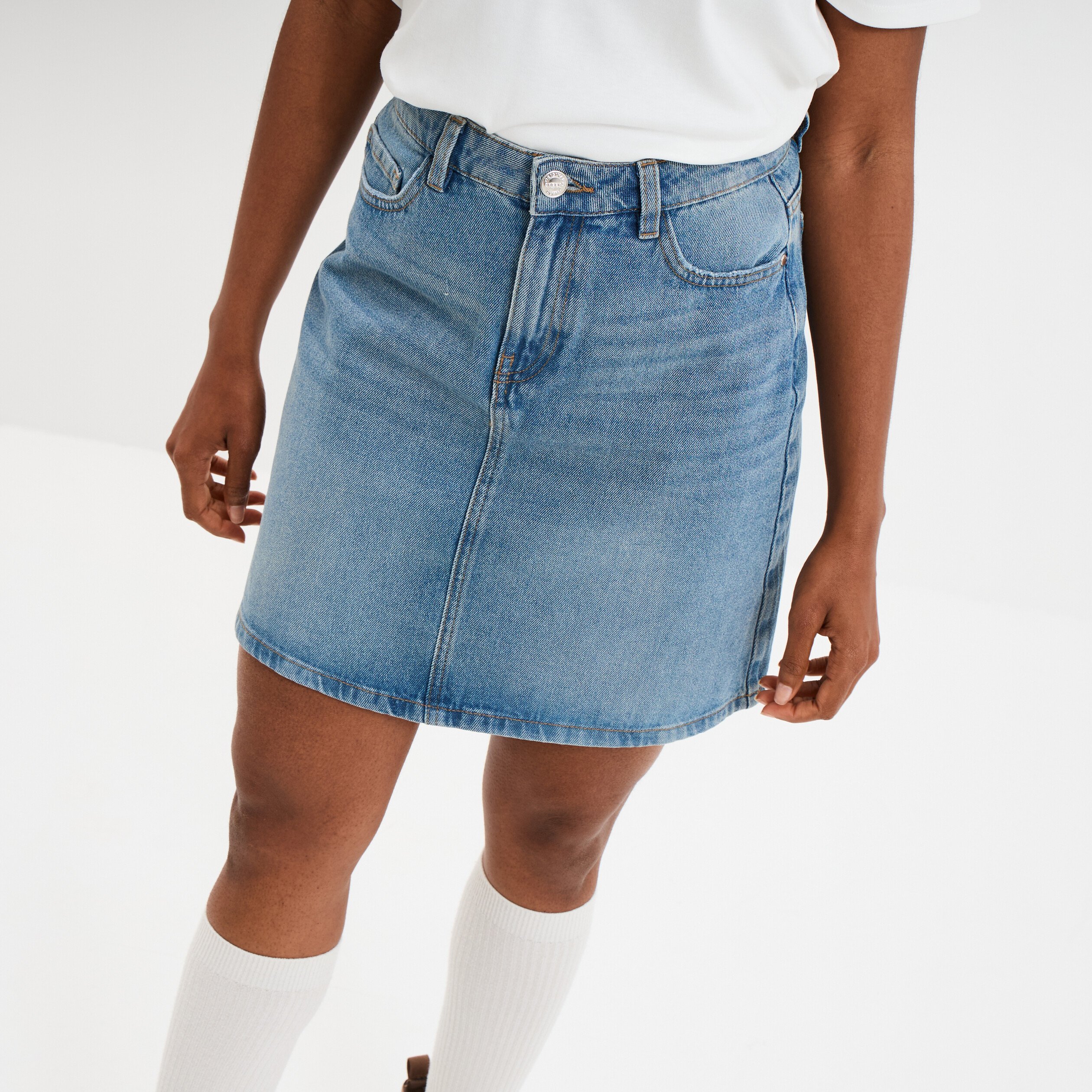 jupe courte trapeze en jean coton denim double stone femme Jupe courte trapèze en jean coton denim double stone femme