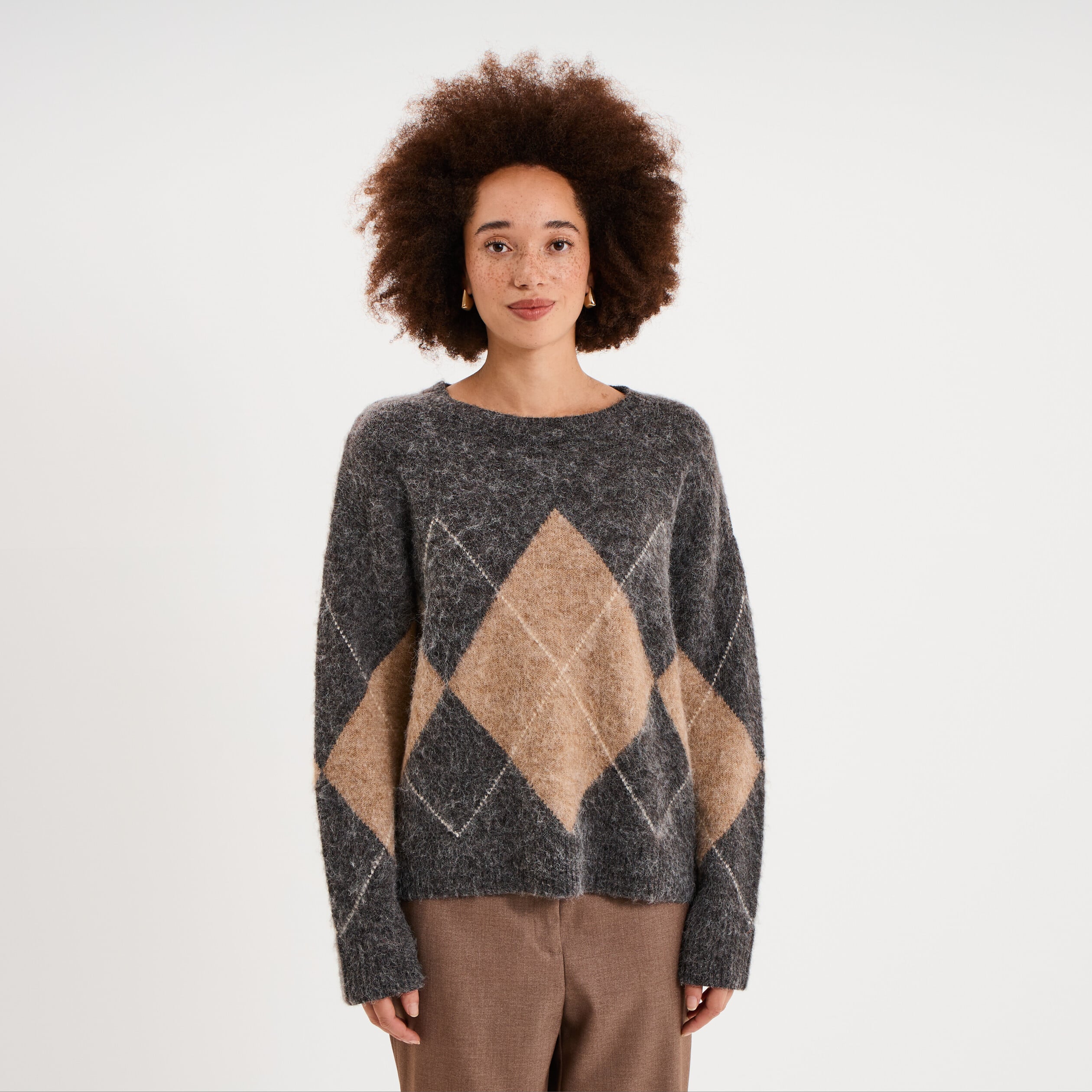 Pull col rond oversize en maille laine gris moyen femme