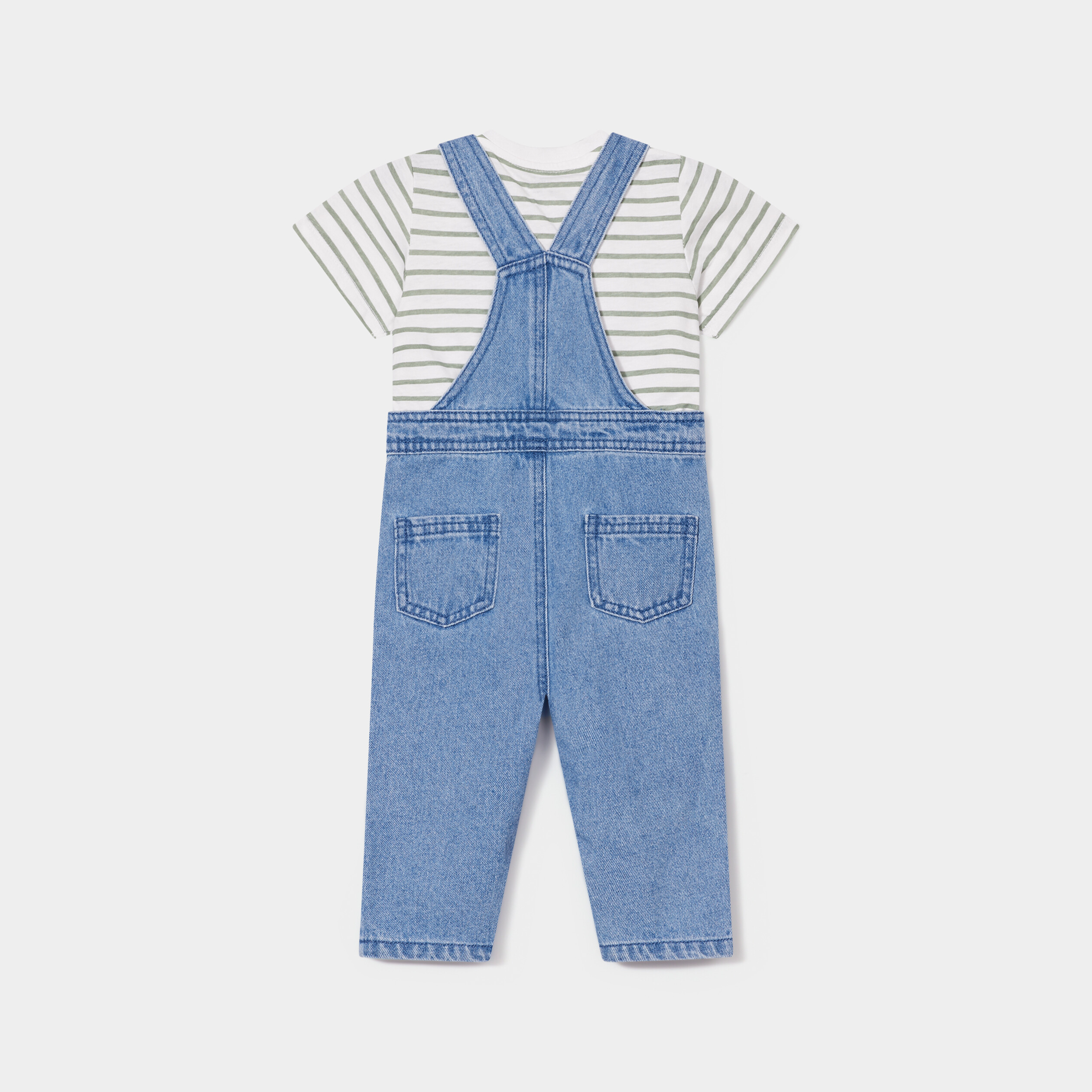 ensemble 3 pieces coton salopette jean ecru bebeg Ensemble 3 pièces coton salopette jean ecru bébé garçon