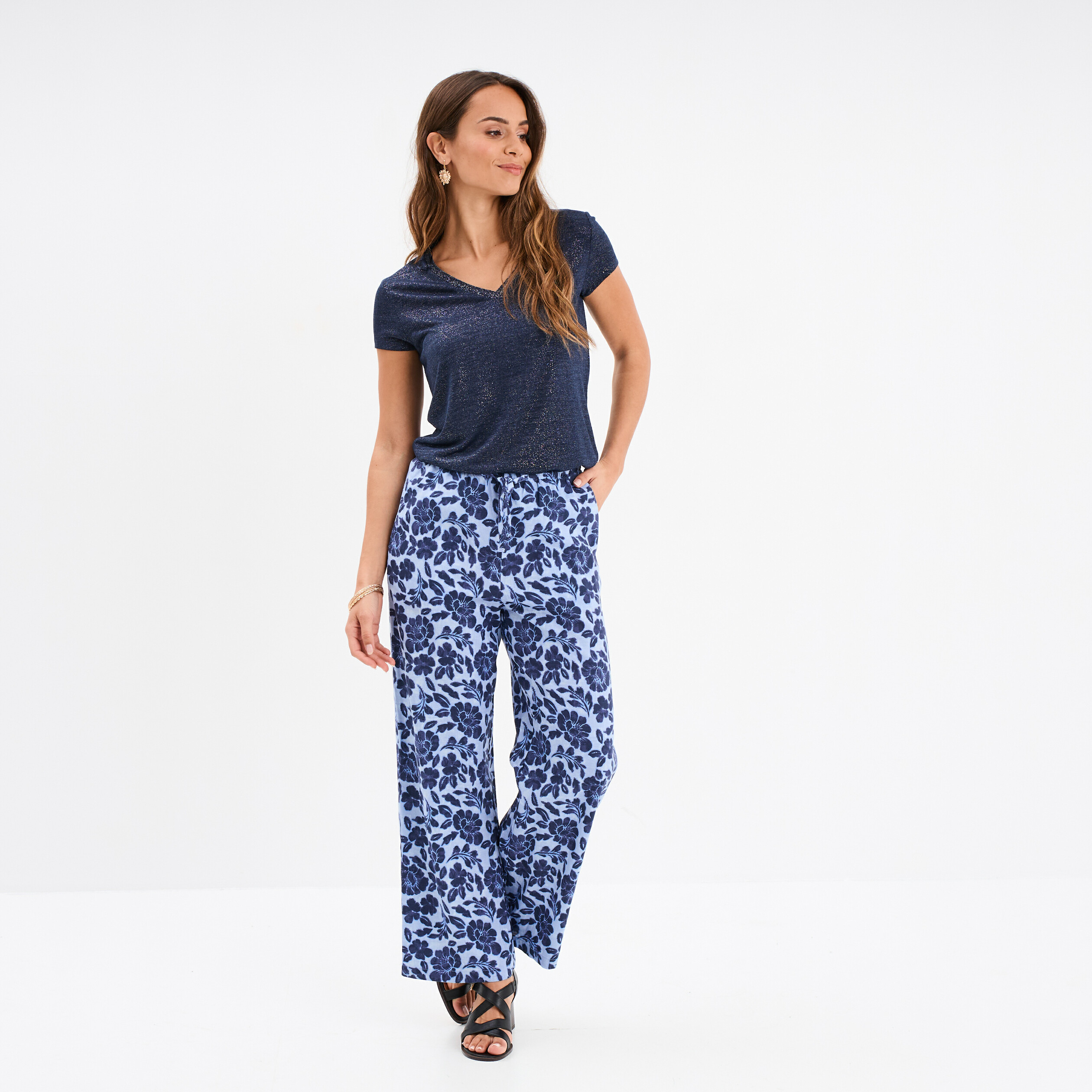 Pantalon fluide à coulisse bleu femme