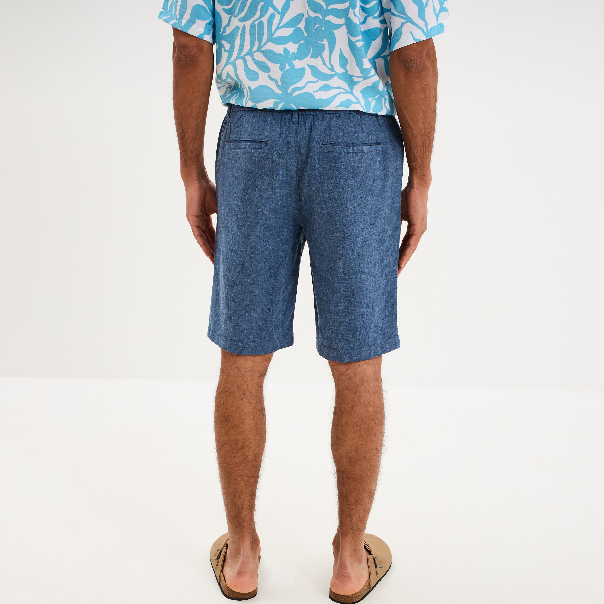 Bermuda chino &agrave; coulisse lin m&eacute;lang&eacute; bleu homme