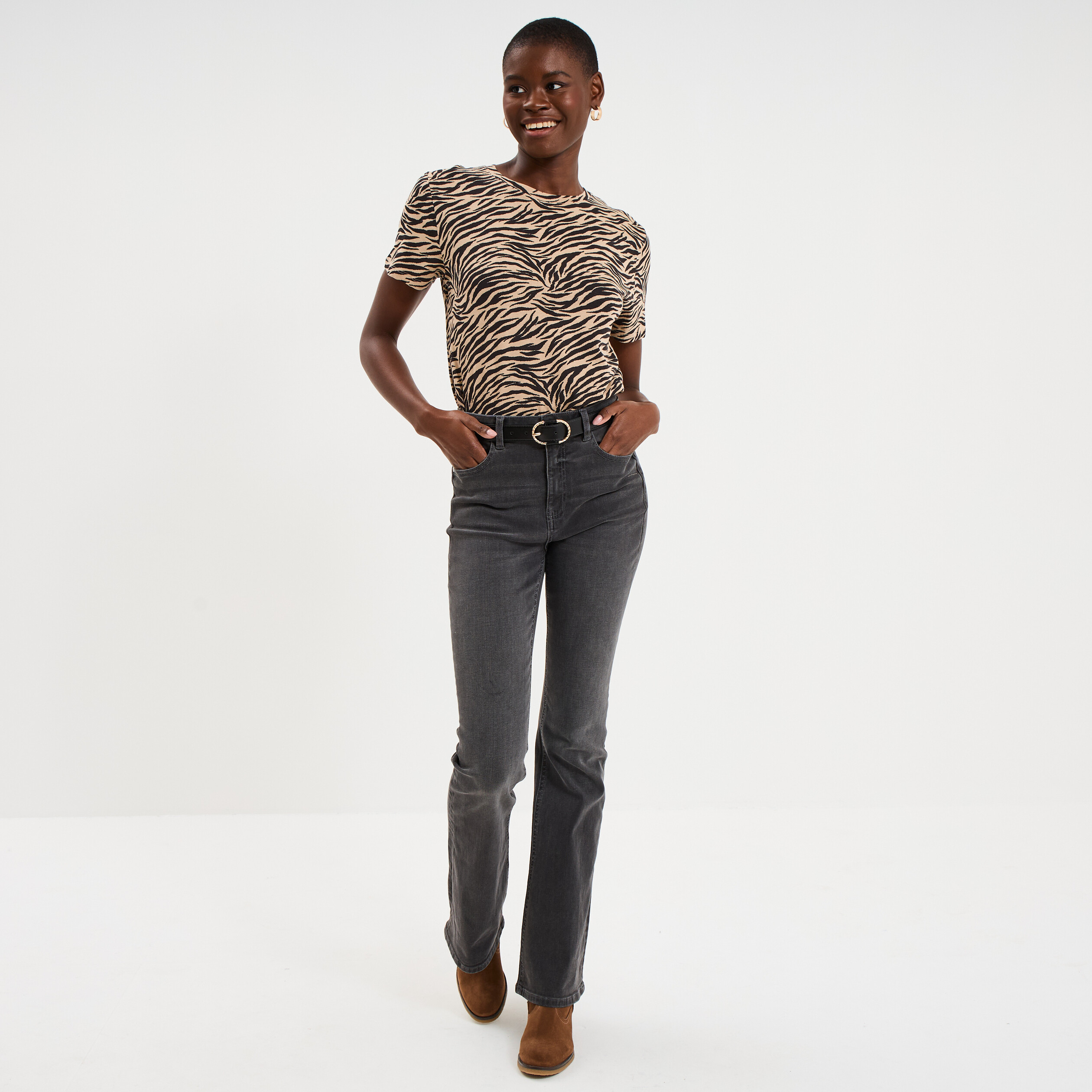 T-shirt coton col rond manches courtes beige moyen femme