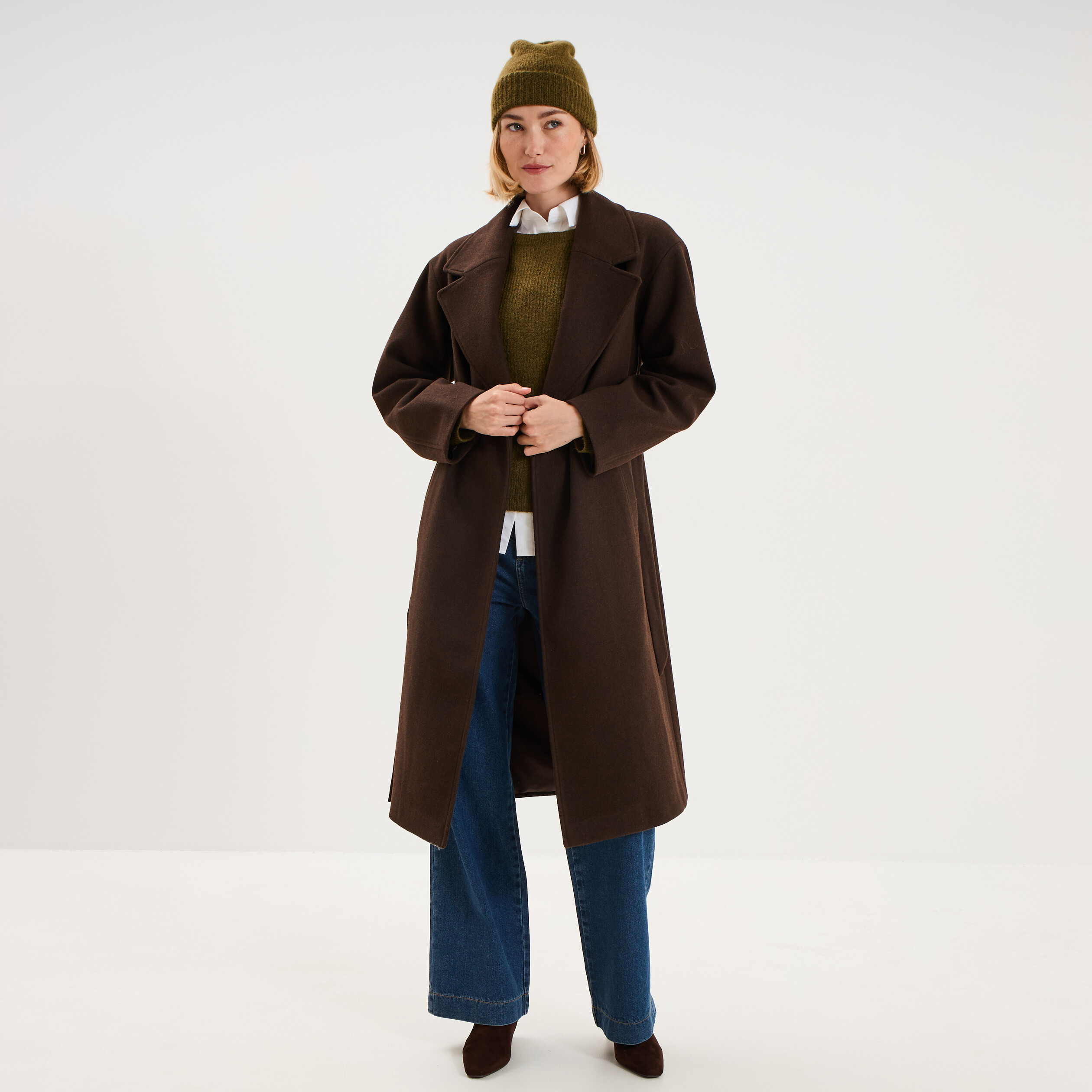 Manteau long oversize ceintur&eacute; marron fonc&eacute; femme