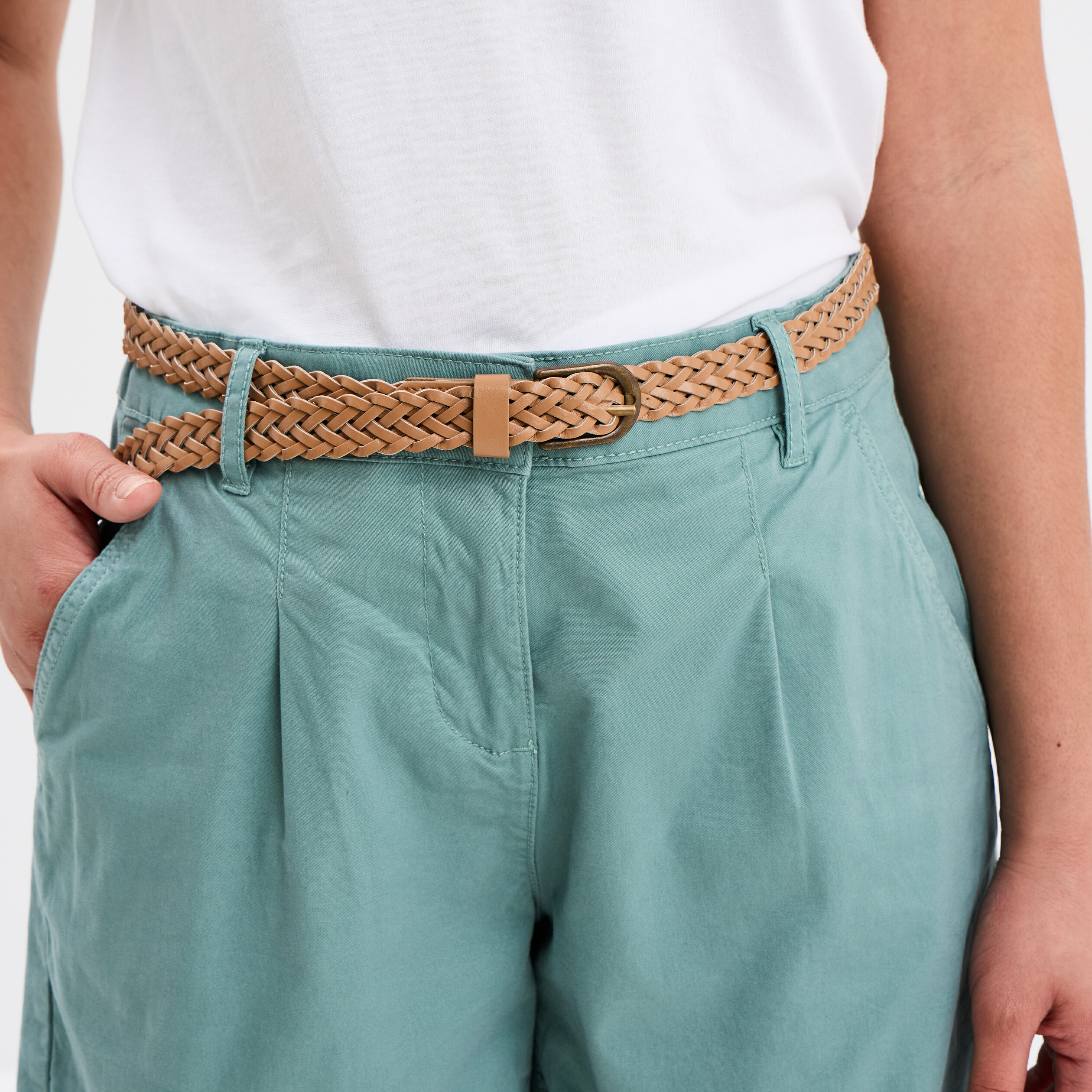 short chino ceinture tressee bleu gris femme Short chino ceinture tressée bleu gris femme