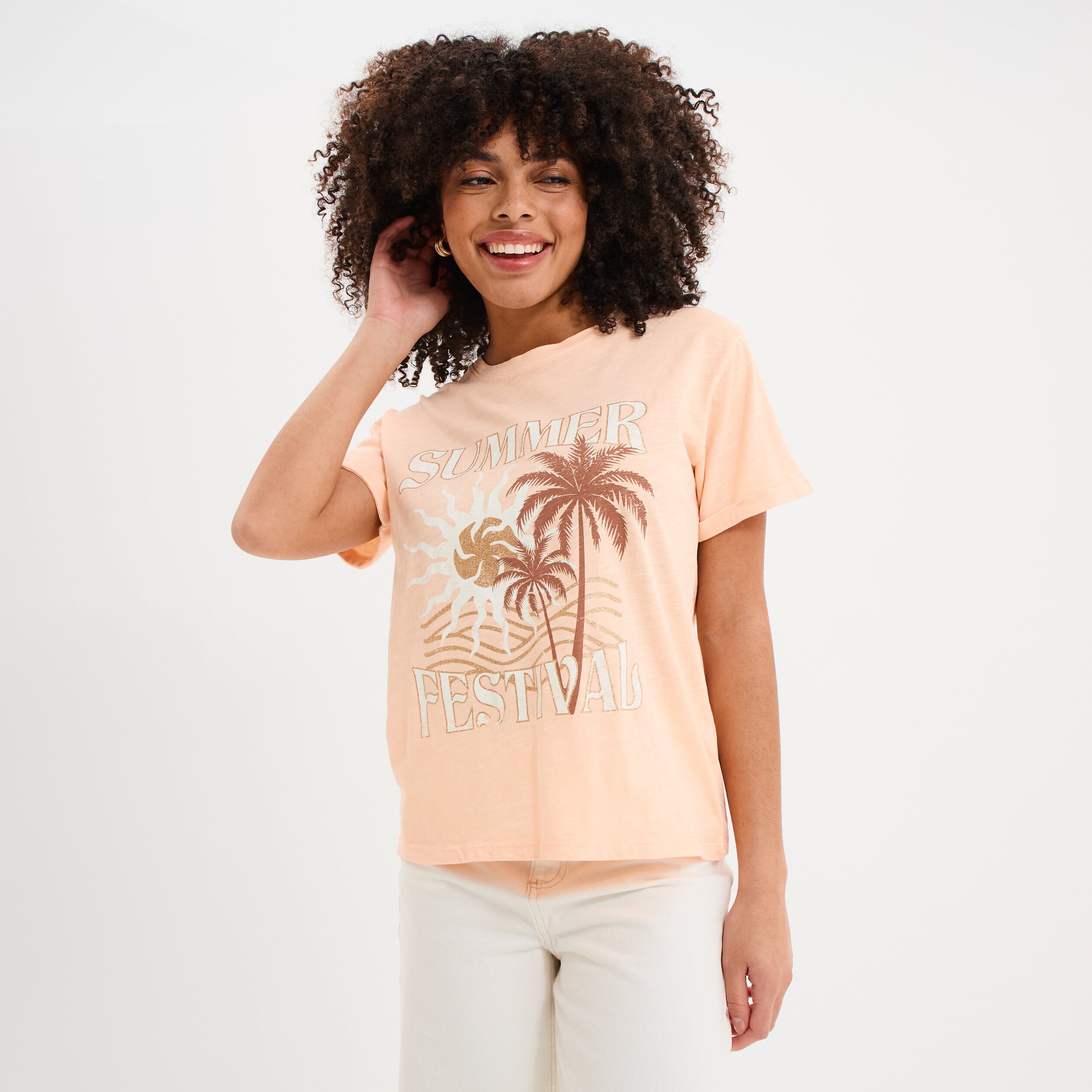 T-shirt manches courtes coton orange fluo femme