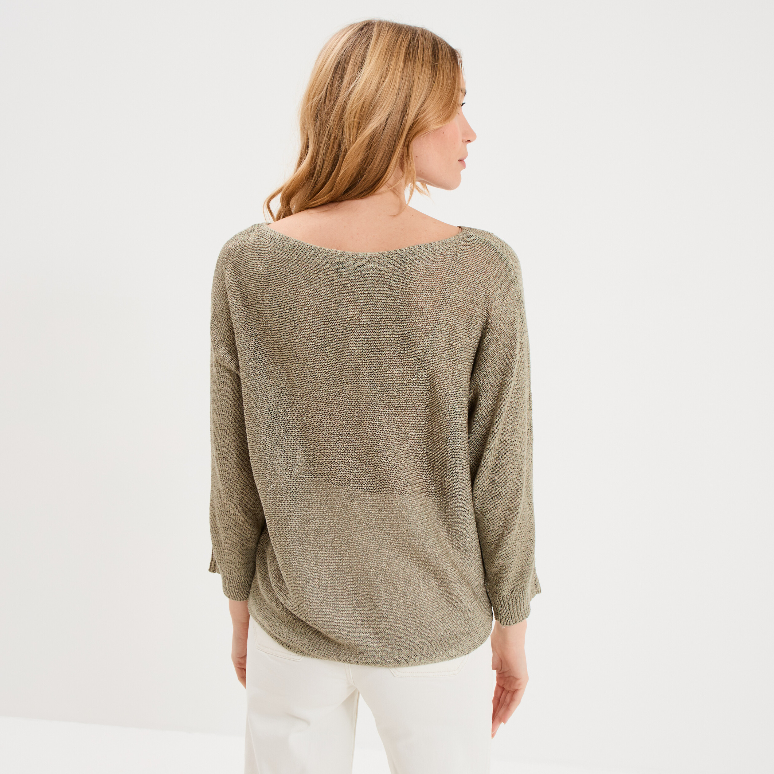 Pull droit col rond manches longues vert kaki femme
