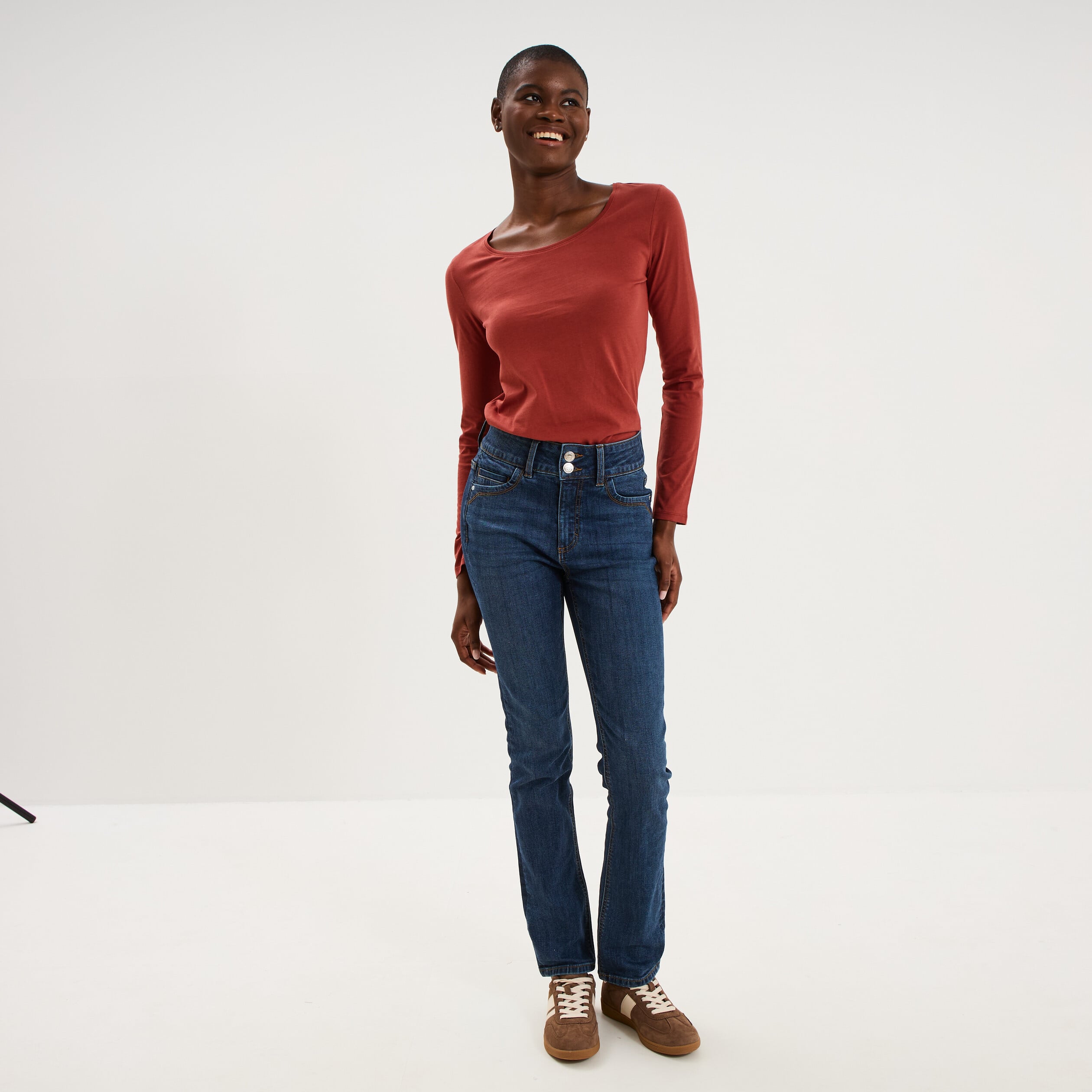 T-shirt coton col rond manches longues rouge fonc&eacute; femme