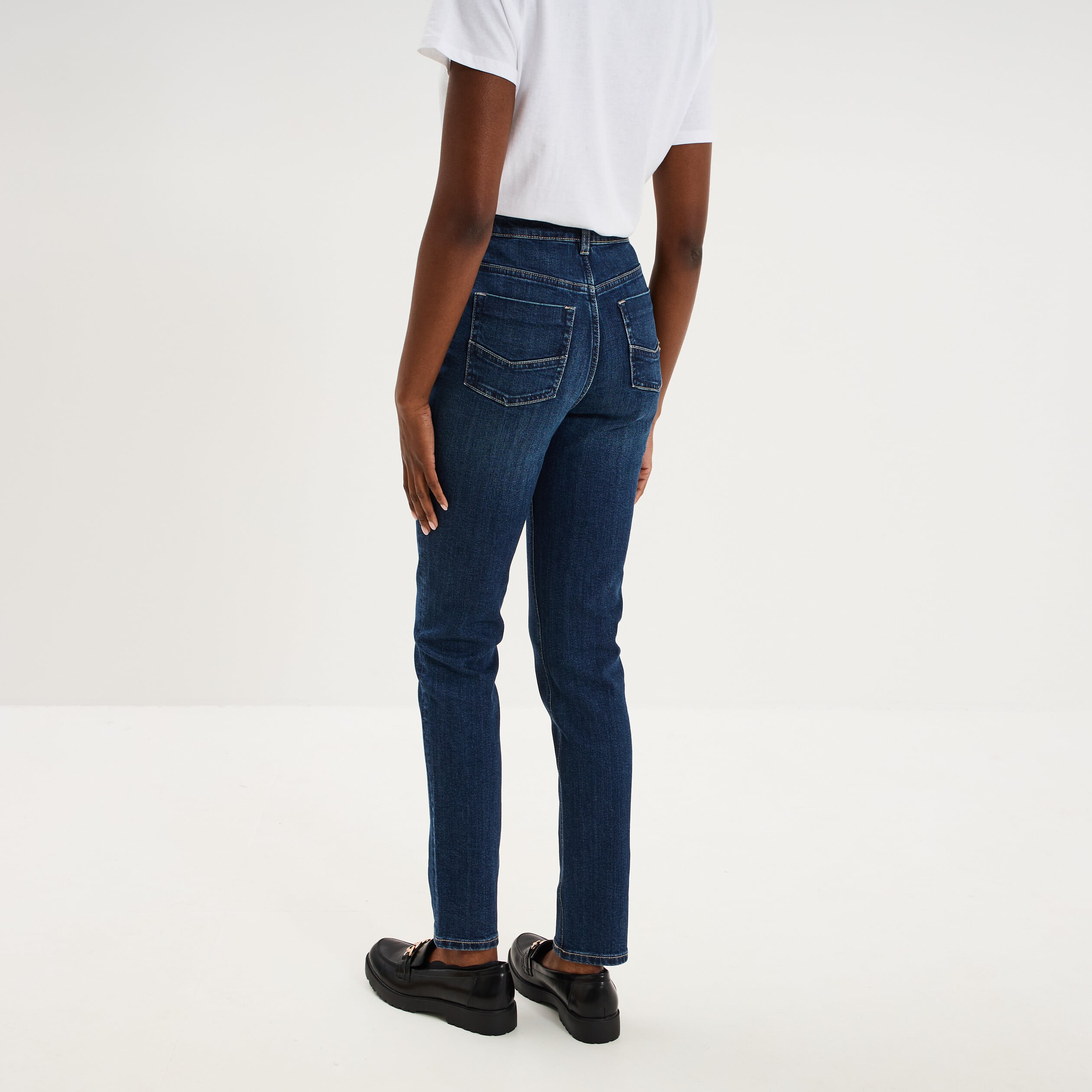 Jean skinny taille haute bleu fonc&eacute; femme