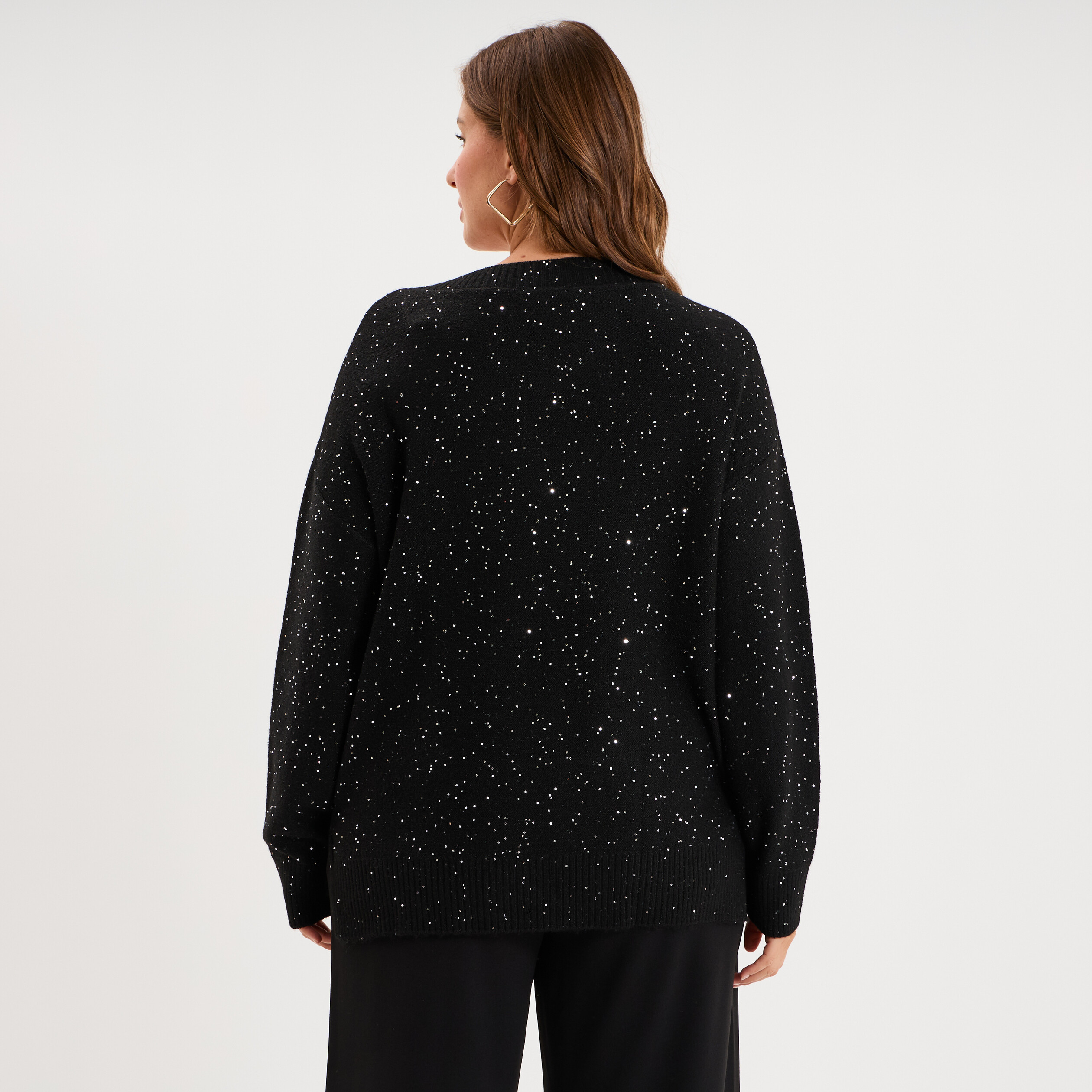 Pull droit sequins col V manches longues noir femme grande taille